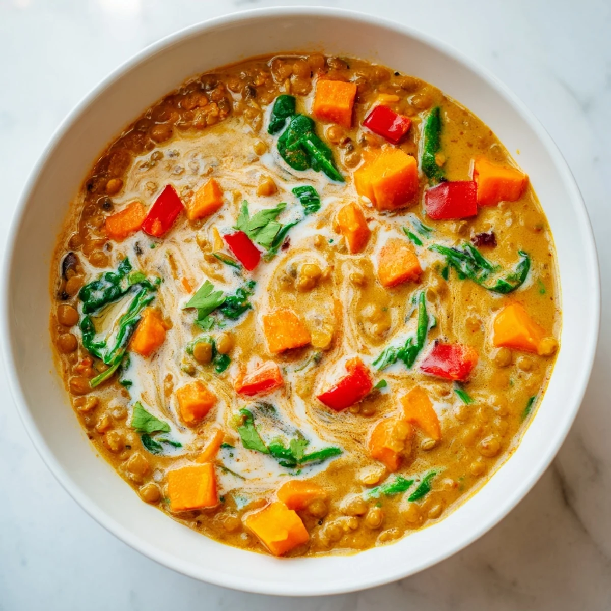 Hearty Lentil Red Curry Soup with vibrant vegetables, simmered in coconut milk, ready to savor.