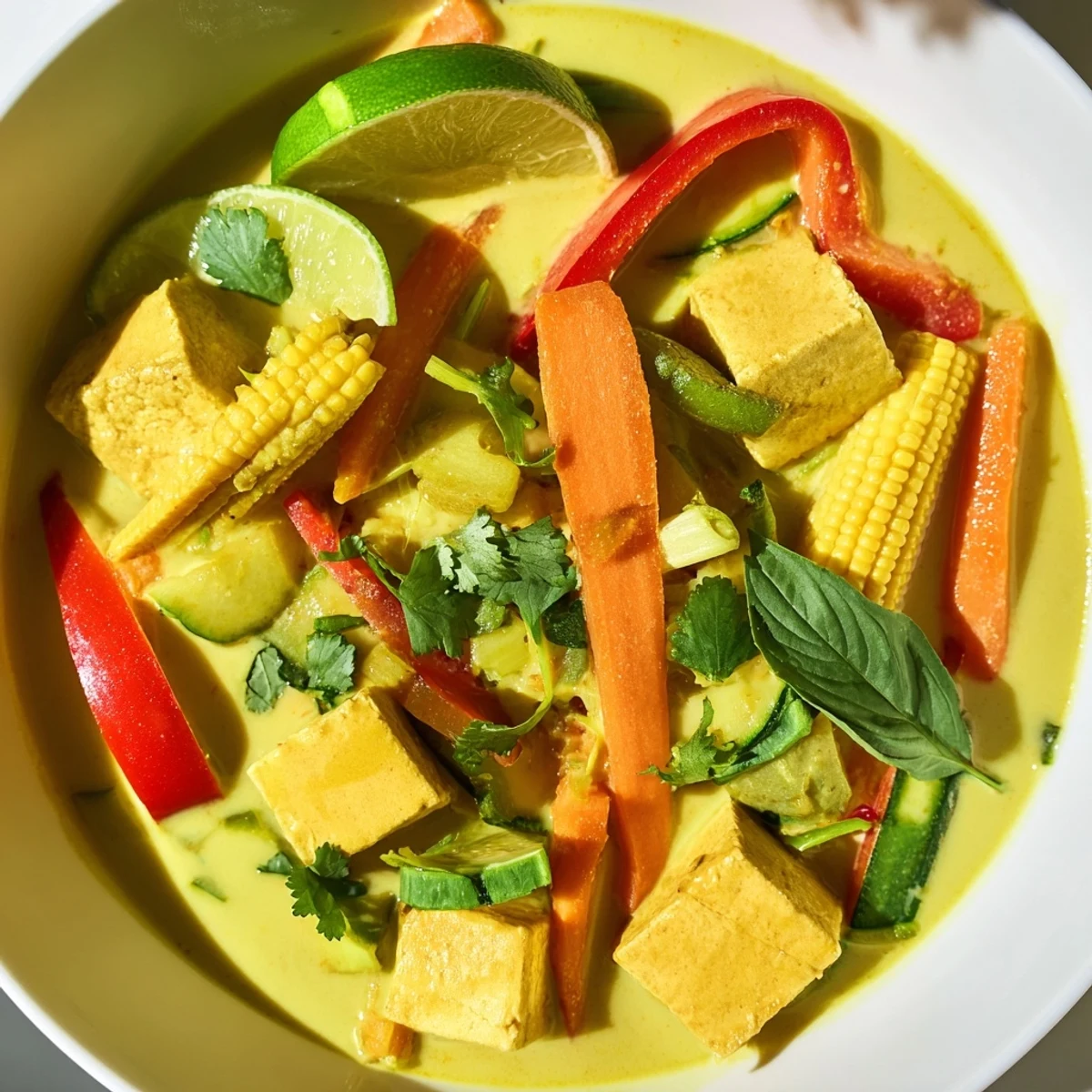 Steaming hot Thai Green Curry Coconut Soup, brimming with fresh vegetables and creamy coconut milk.