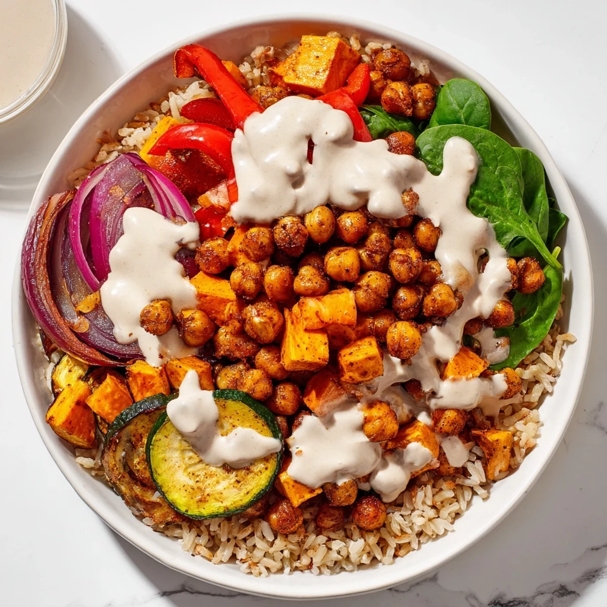 Crispy roasted chickpeas and colorful vegetables star in this Roasted Chickpea Buddha Bowl.
