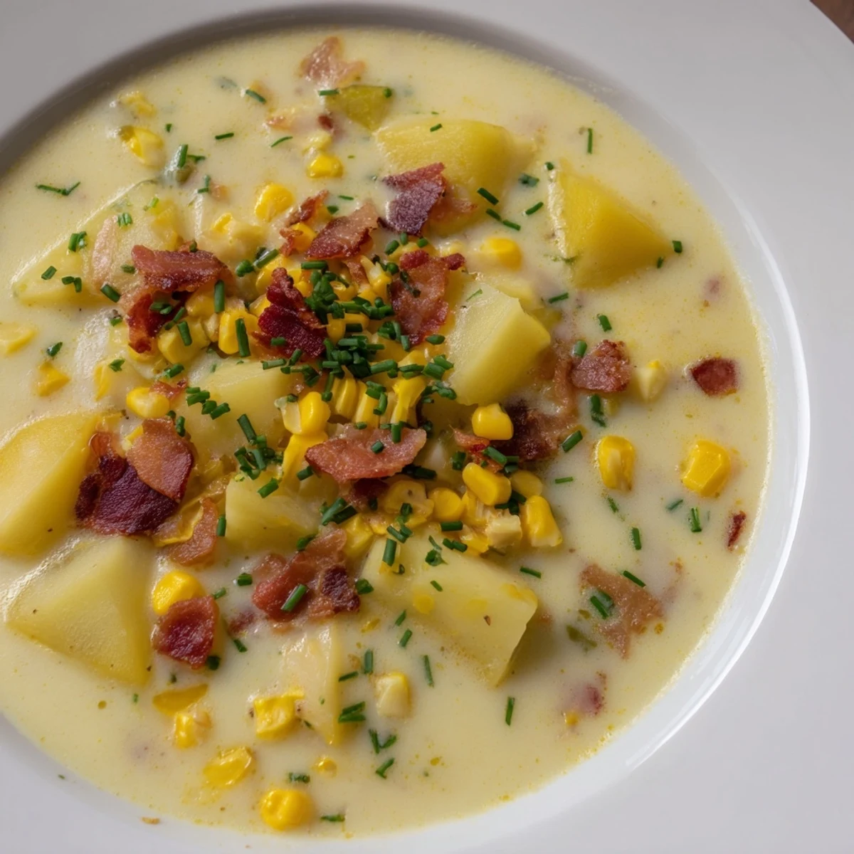 Steaming hot corn chowder soup in a rustic bowl, garnished with crispy bacon and fresh chives.