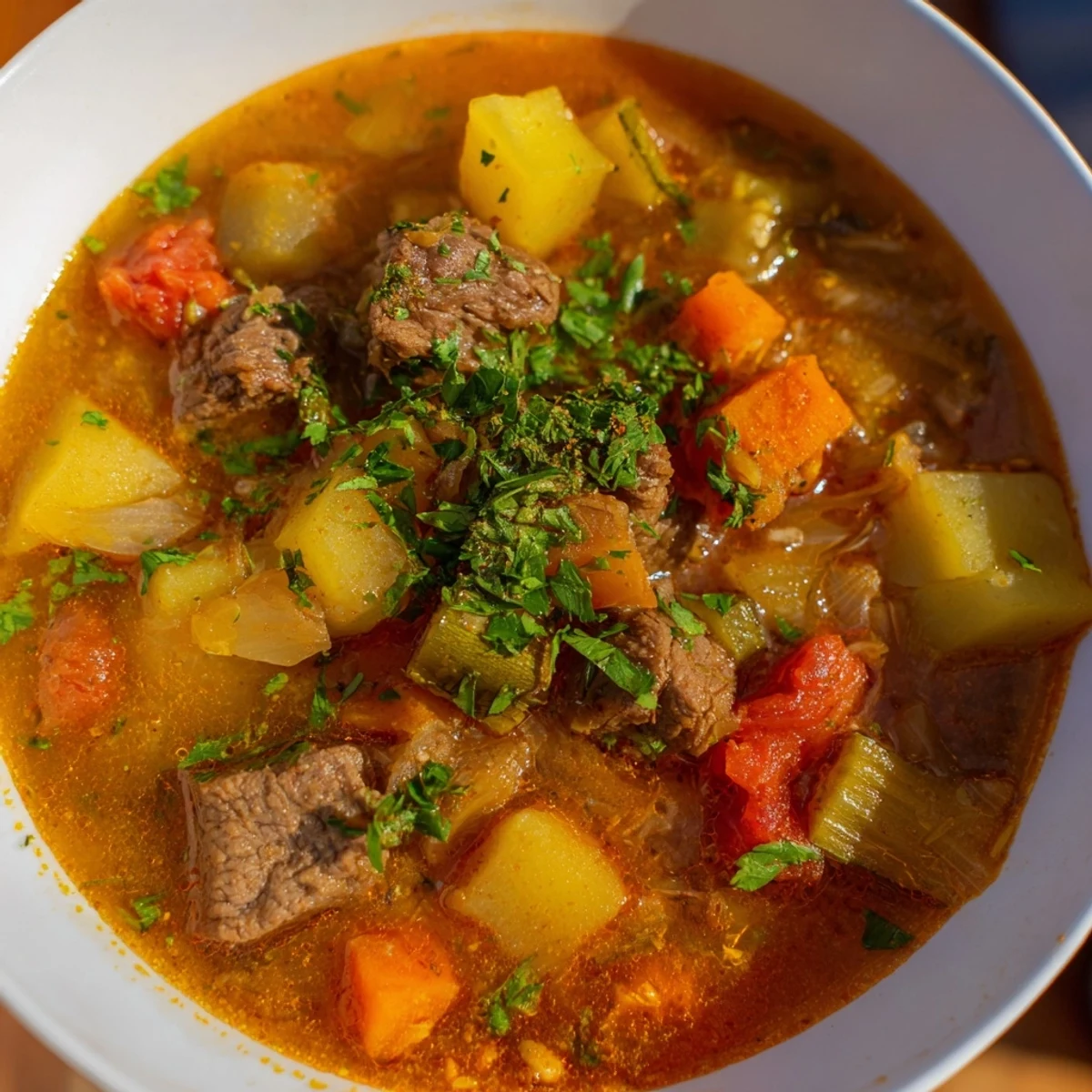A steaming bowl of Algerian Chorba brimming with tender lamb, carrots, and aromatic herbs.