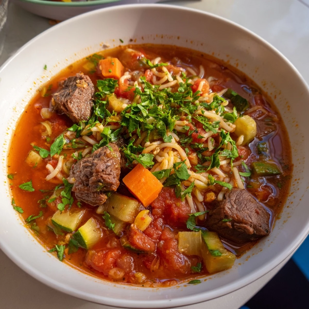 Close-up of Algerian Chorba, featuring savory lamb, vermicelli, and a rich tomato broth.