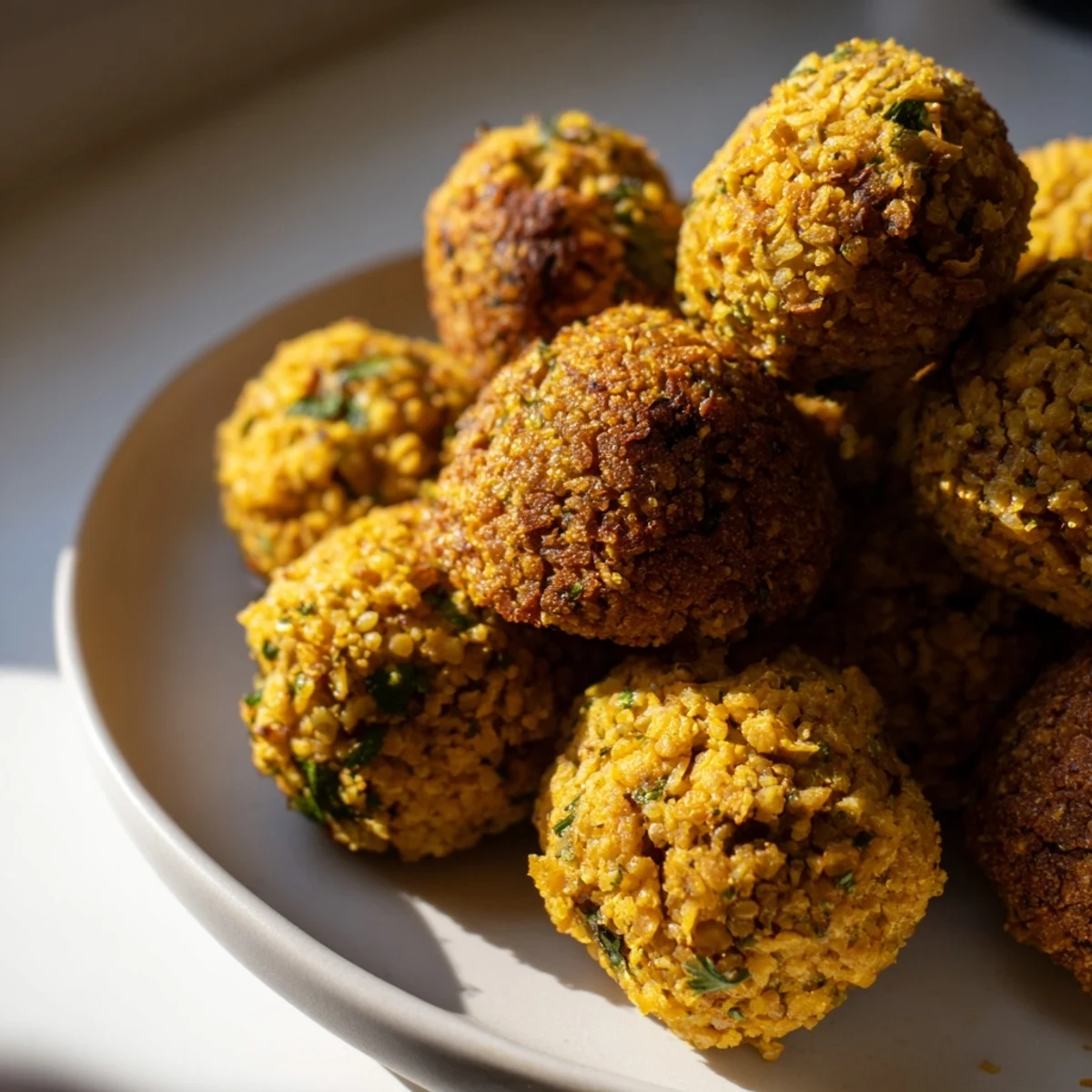 Golden, crispy Levantine falafel balls are piled up, ready to be enjoyed with fresh toppings and pita.
