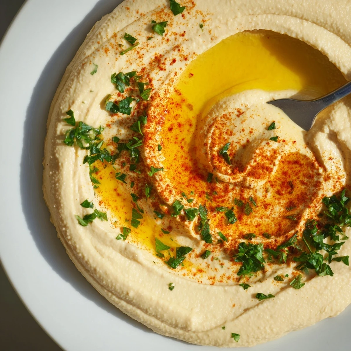 A vibrant hummus plate, garnished with paprika and parsley, perfect for a flavorful Middle Eastern appetizer.