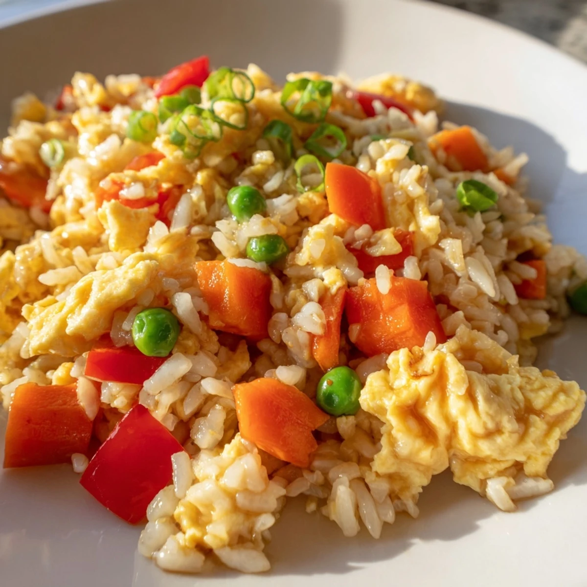 Fluffy egg fried rice classic with vibrant vegetables, seasoned with soy sauce for a delicious meal.