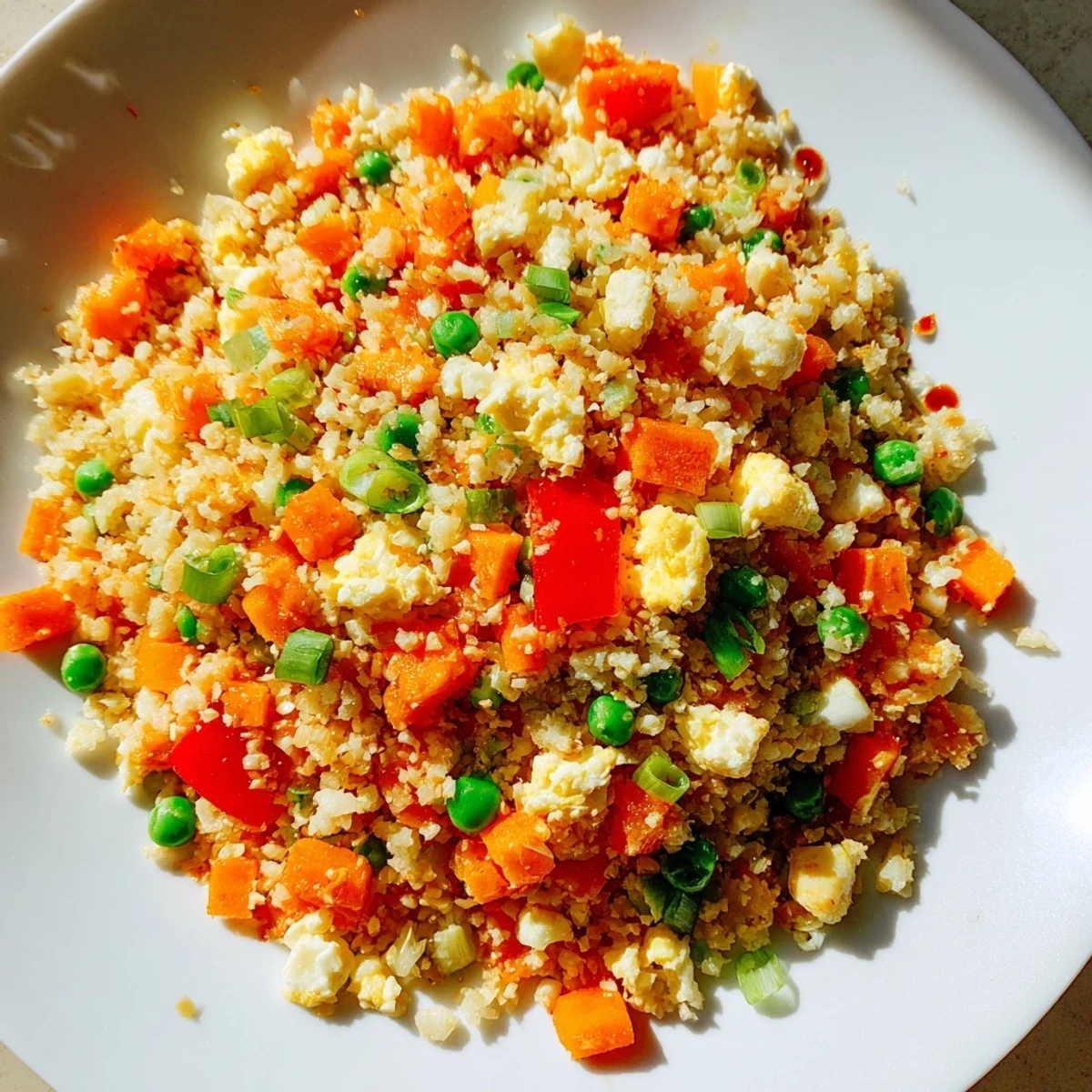 Golden spoonful of Cauliflower Fried Rice, showcasing vibrant carrots and peas, ready to serve and enjoy.