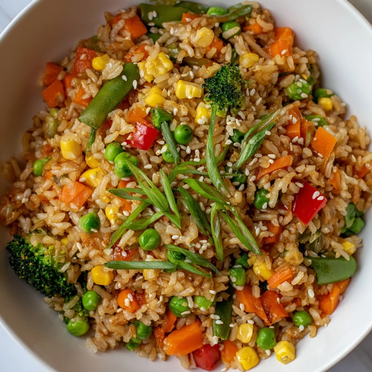 Steaming Vegetable Fried Rice, a colorful medley of crisp veggies, for a flavorful, hearty meal.
