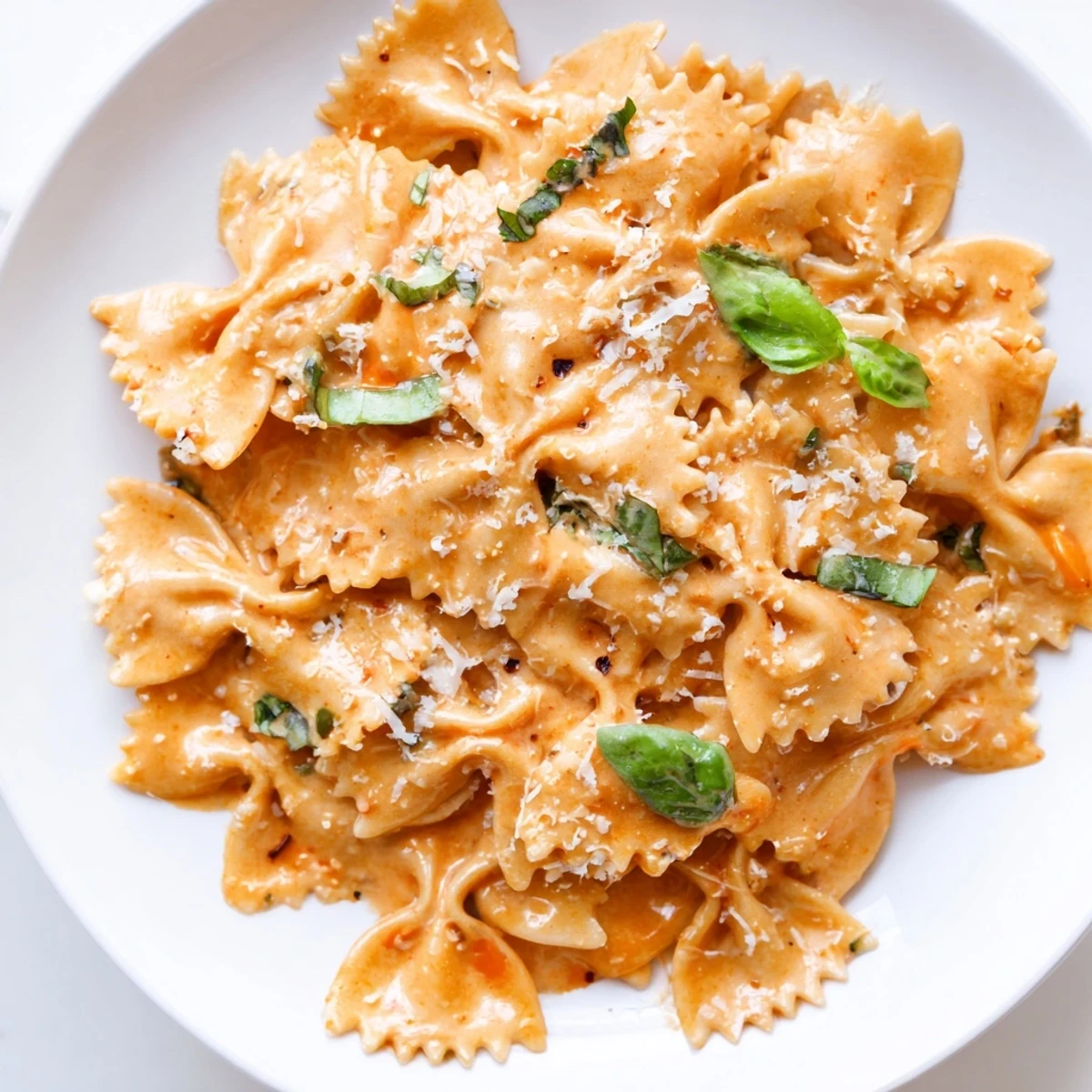 Vibrant Tomato Basil Bowtie Pasta on a white plate, topped with grated Parmesan and a sprig of fresh basil.