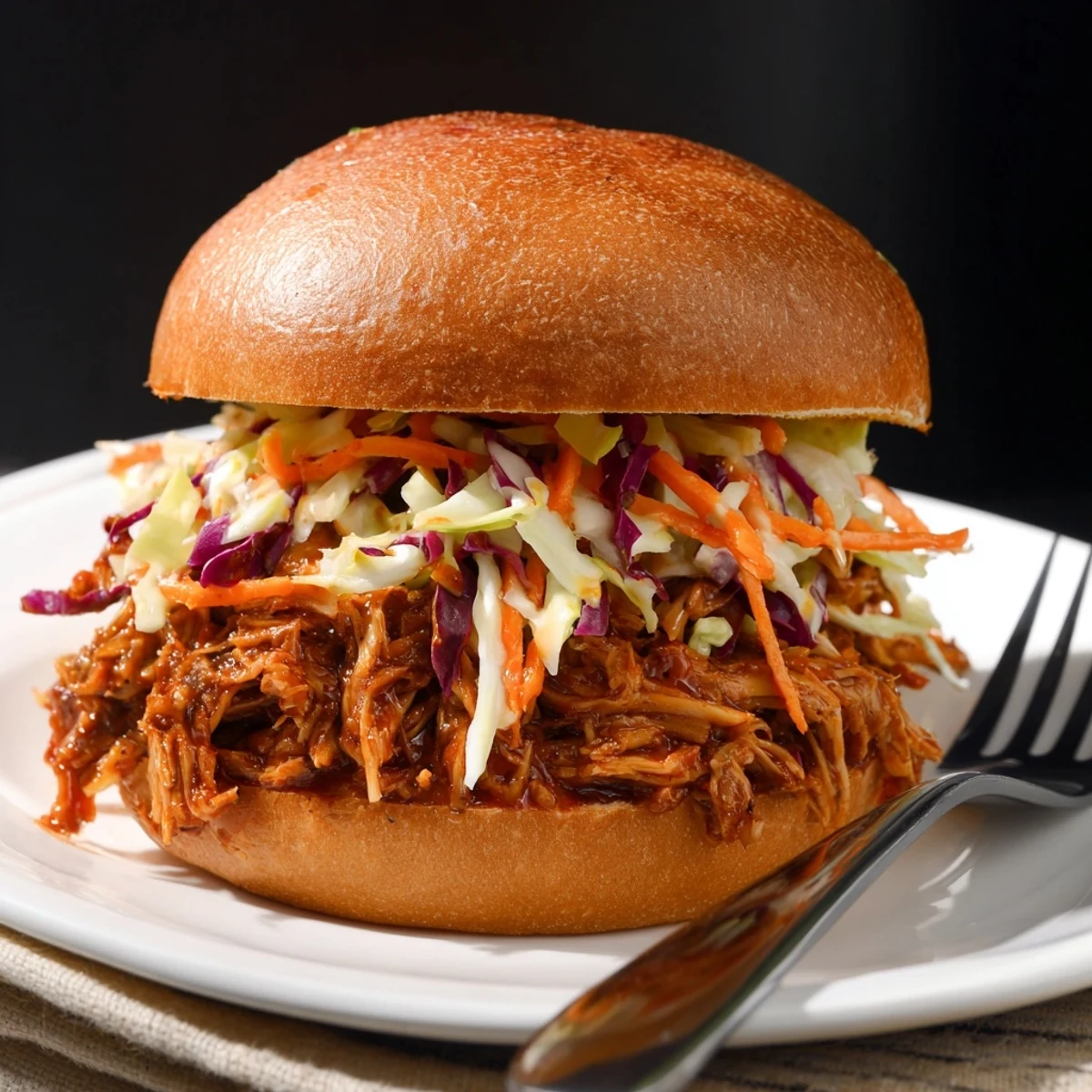 A close-up of a juicy pulled chicken sandwich with tangy slaw on a soft brioche bun, ready to eat.