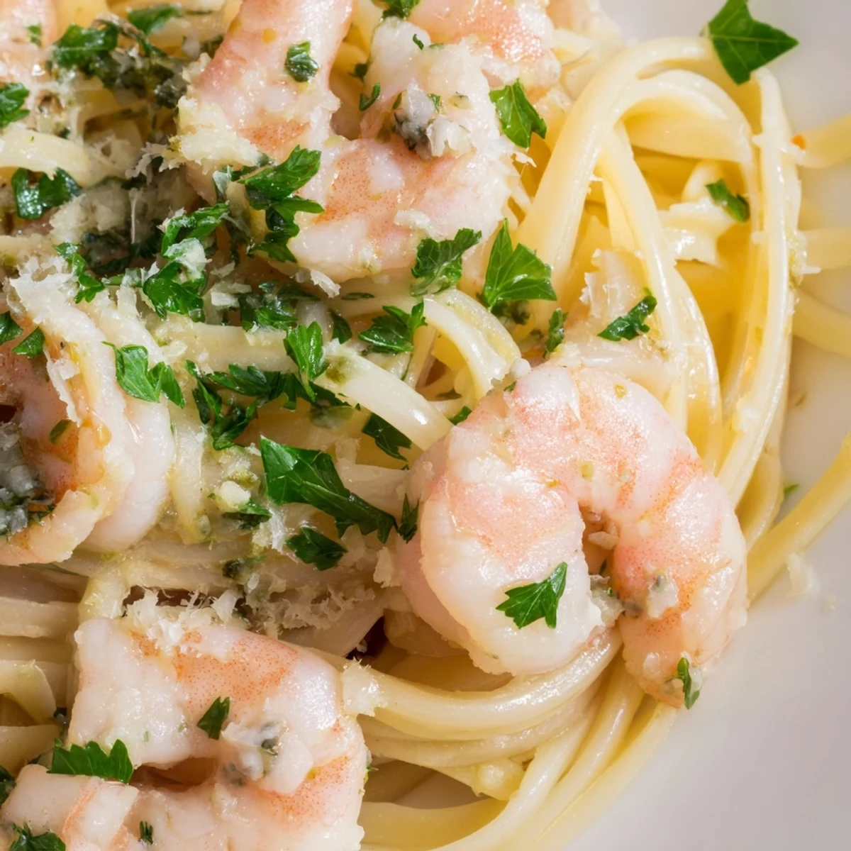 Fork twirls creamy garlic shrimp pasta with fresh parsley garnish and bright lemon wedges for serving.