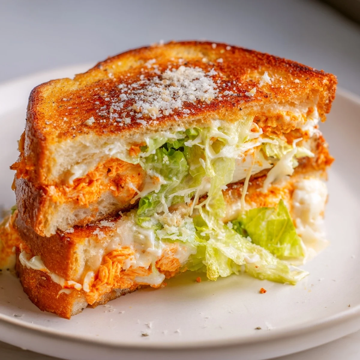 Golden-brown Buffalo Chicken Caesar Grilled Cheese sandwiches on a wooden board, with melted provolone and shredded romaine peeking from crispy sourdough.