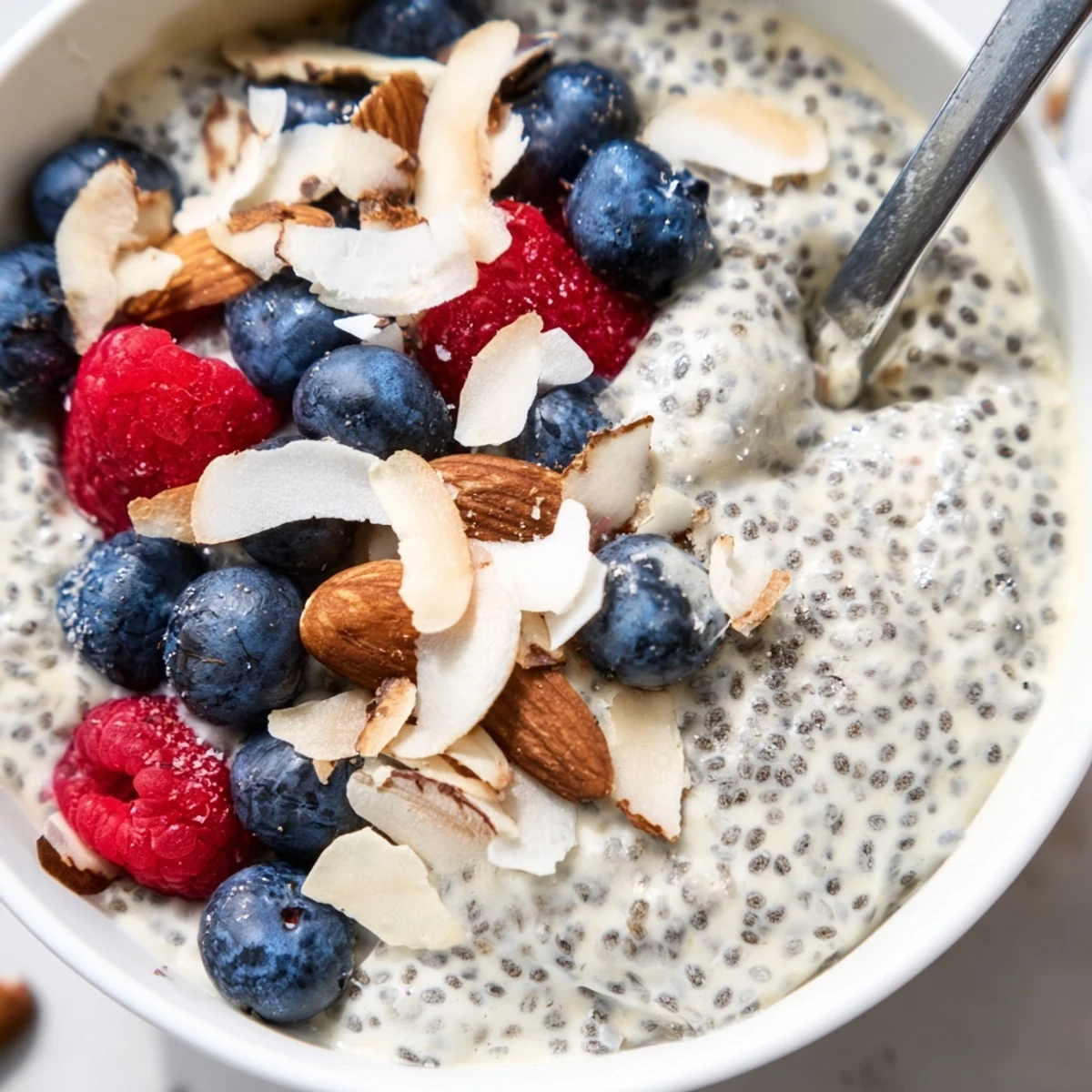 A close-up of poppy seed chia pudding with raspberries and shredded coconut, showing its thick, spoonable texture.  