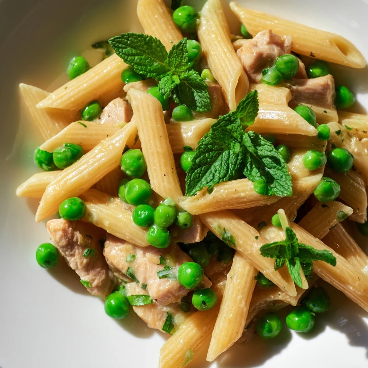 Tender chicken and sweet peas mingle with fresh mint in a vibrant Pea & Mint Chicken Pasta, tossed in a glossy lemon sauce.
