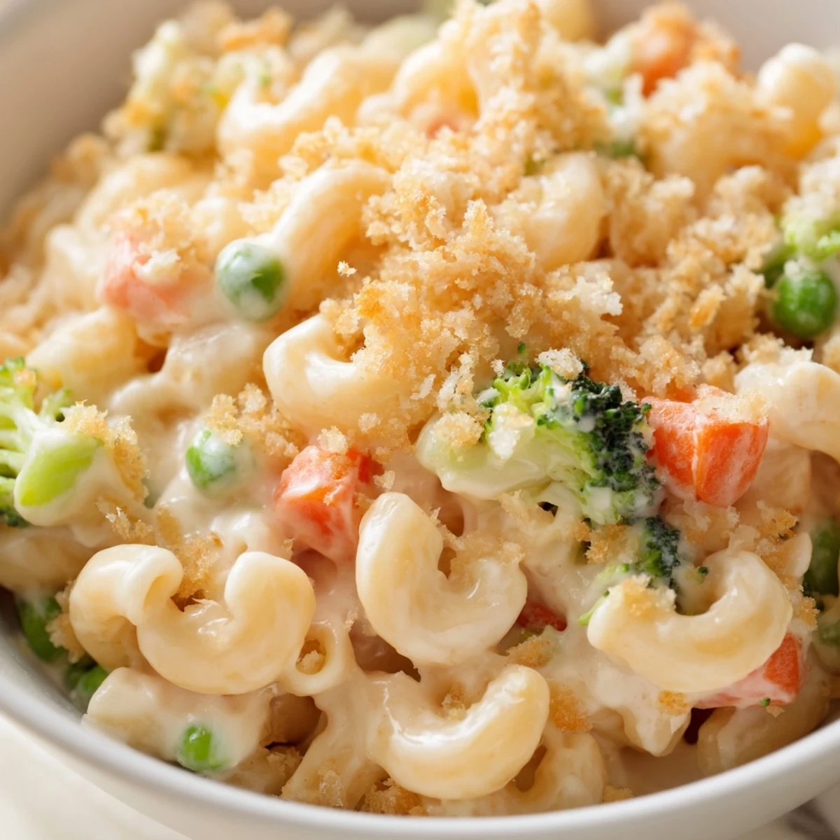 Savory Garden Veg Mac and Cheese, creamy cheddar sauce coating macaroni, peas, carrots, and broccoli in a white dish.