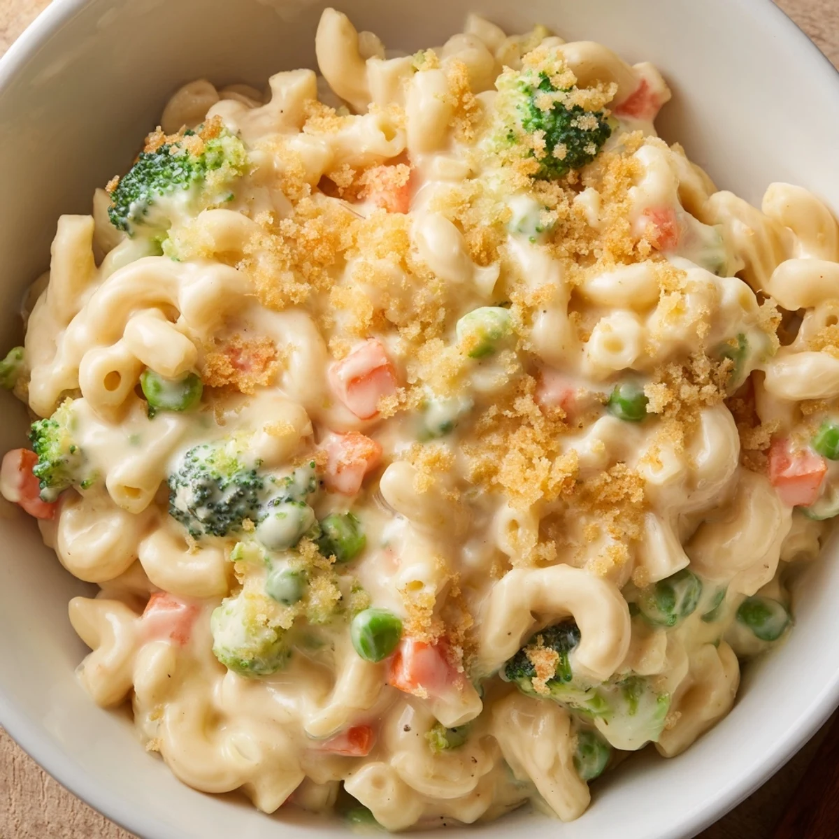 Freshly baked Garden Veg Mac and Cheese, serving four, topped with crispy breadcrumbs and colorful vegetable pieces.