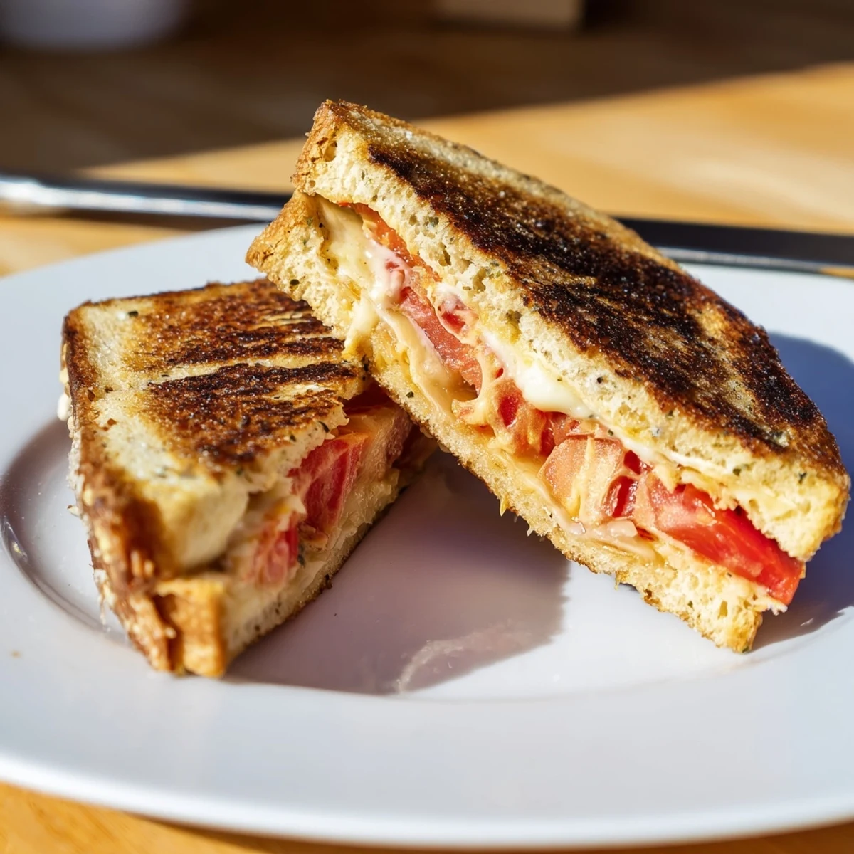 Golden-brown Pepper Jack & Tomato Grilled Cheese halves, revealing gooey pepper jack and ripe tomato layers.