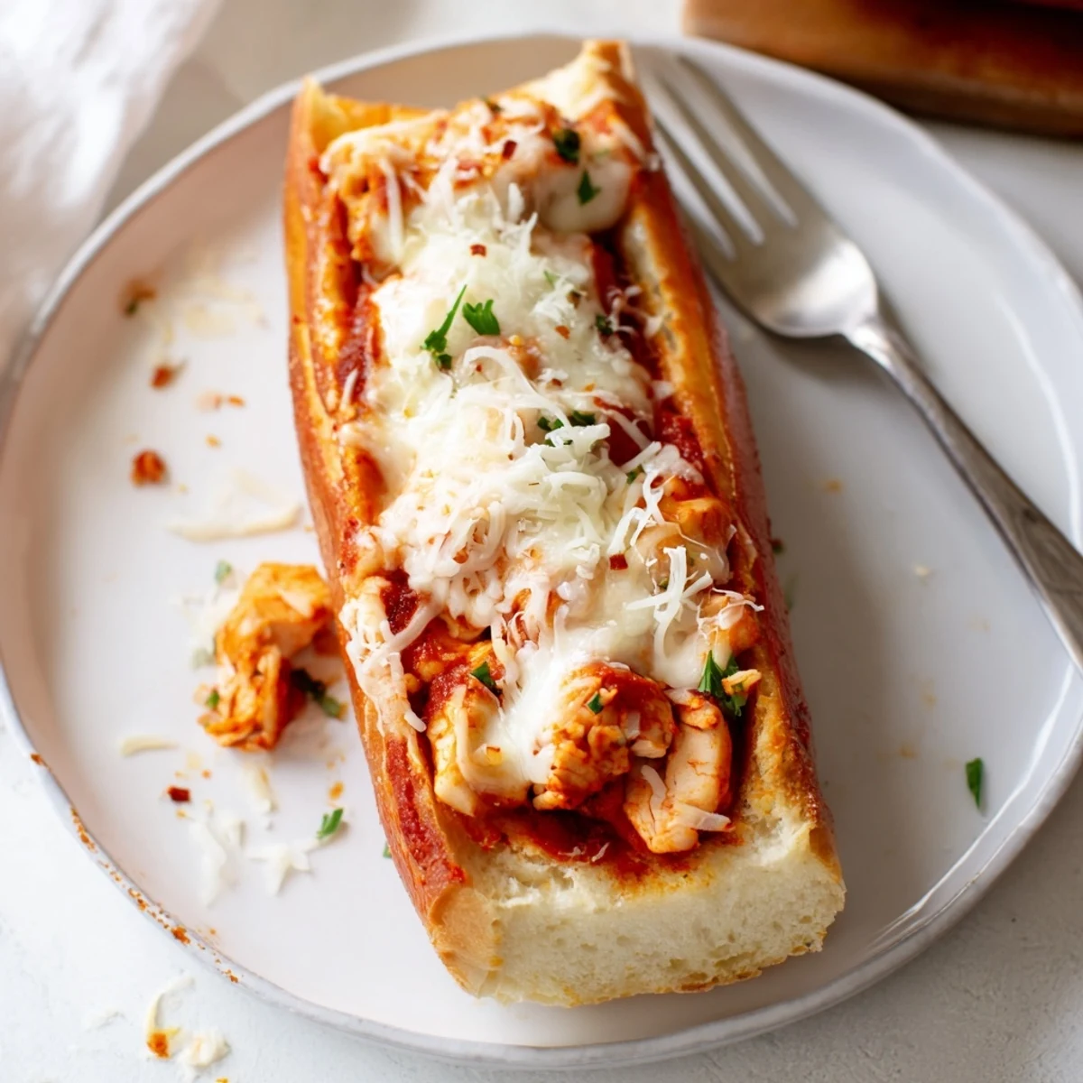 A close-up of Chicken Parm Stuffed Garlic Bread with bubbling mozzarella, Parmesan, and fresh parsley.