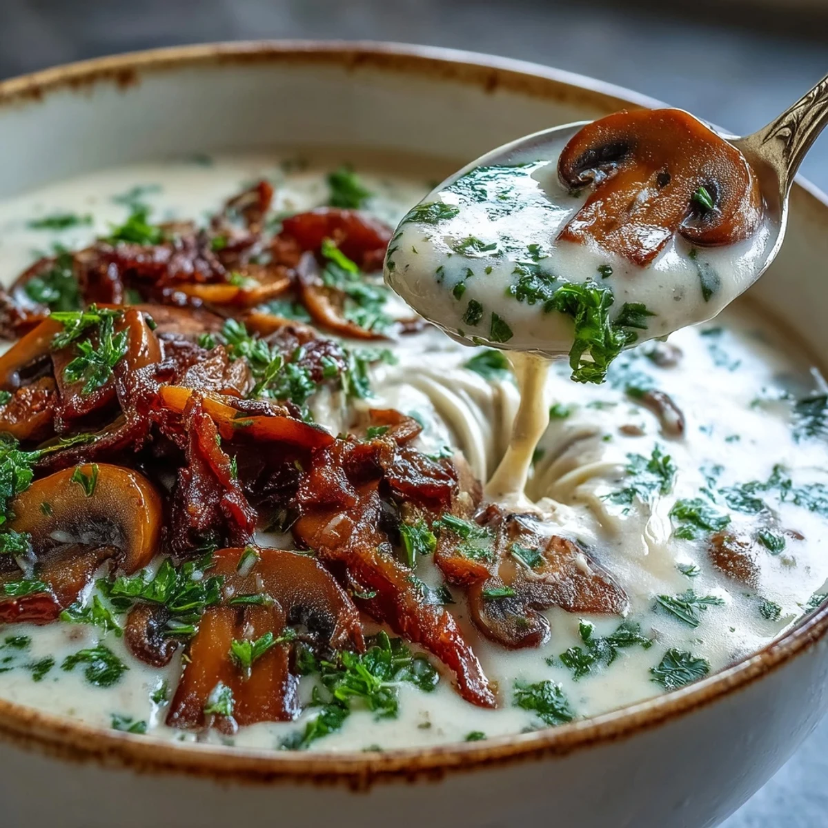 Creamy Mushroom Soup garnished with fresh parsley, ready to serve.