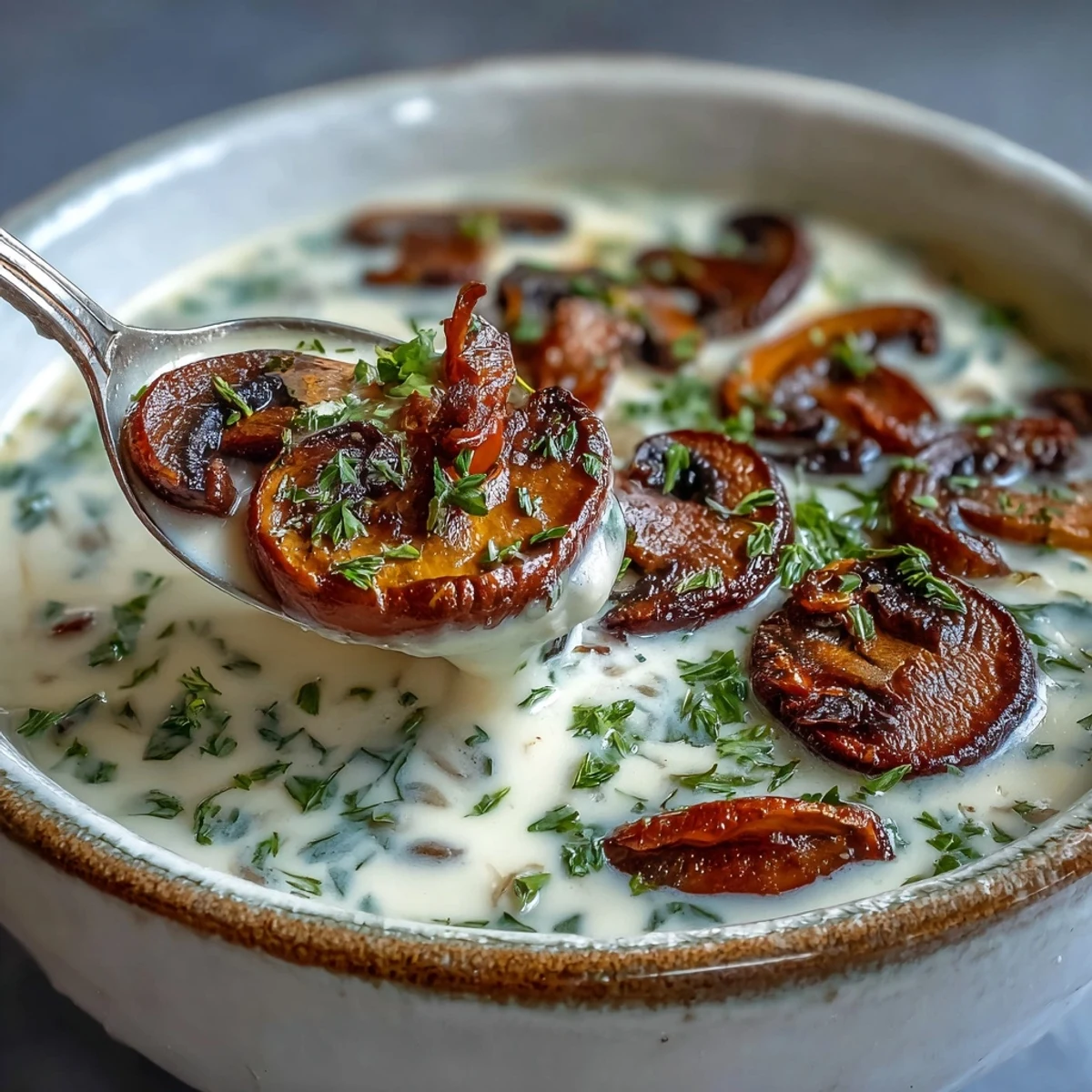 Hearty Mushroom Soup, boasting deep umami flavors, ideal with crusty bread.