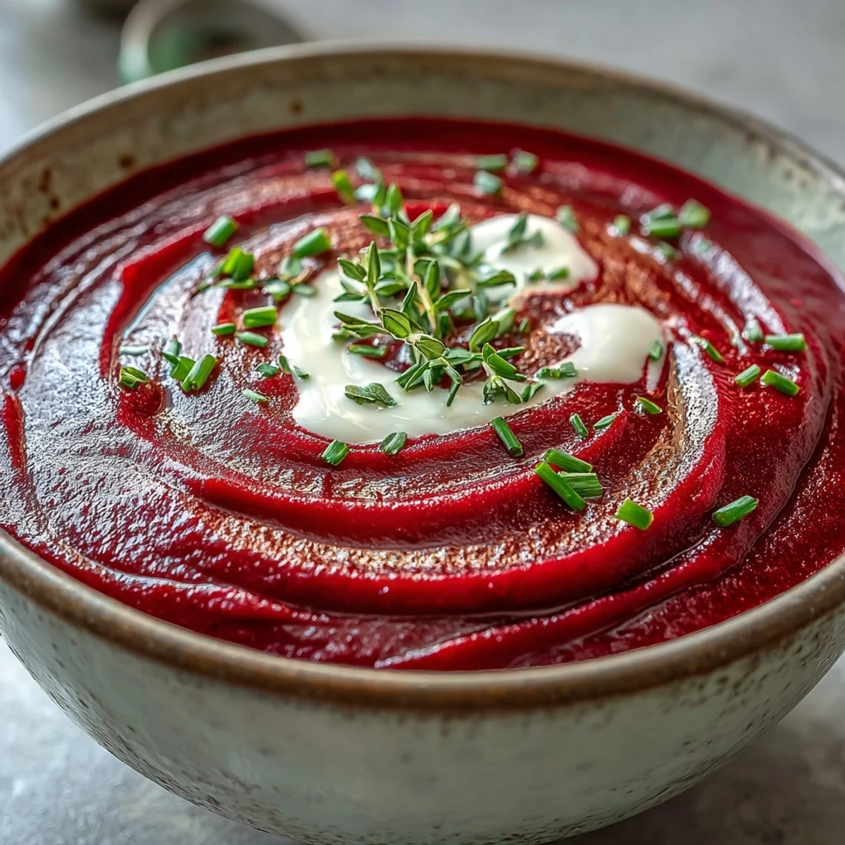 Vibrant roasted beet soup, pureed smooth with creamy swirls, ready to serve hot.