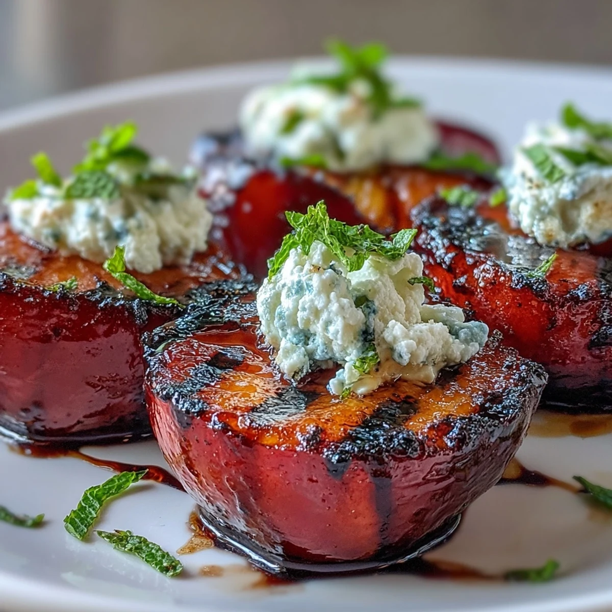 Grilled plums with goat cheese and balsamic glaze topped with fresh mint on a platter.