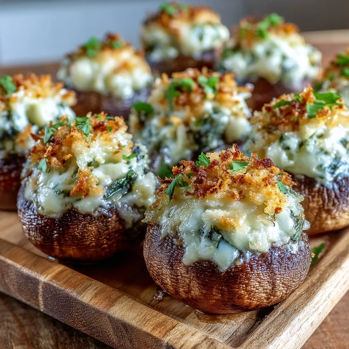 Golden-brown Stuffed Asiago-Basil Mushrooms fresh from the oven with bubbling cheese topping.