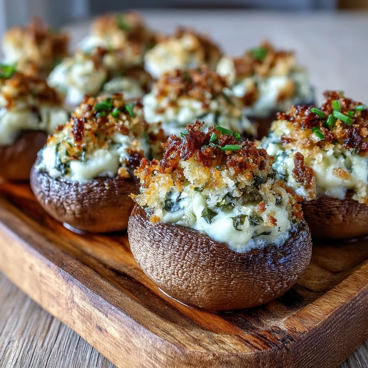 Tender mushroom caps filled with creamy Asiago cheese and fresh basil on a rustic platter.