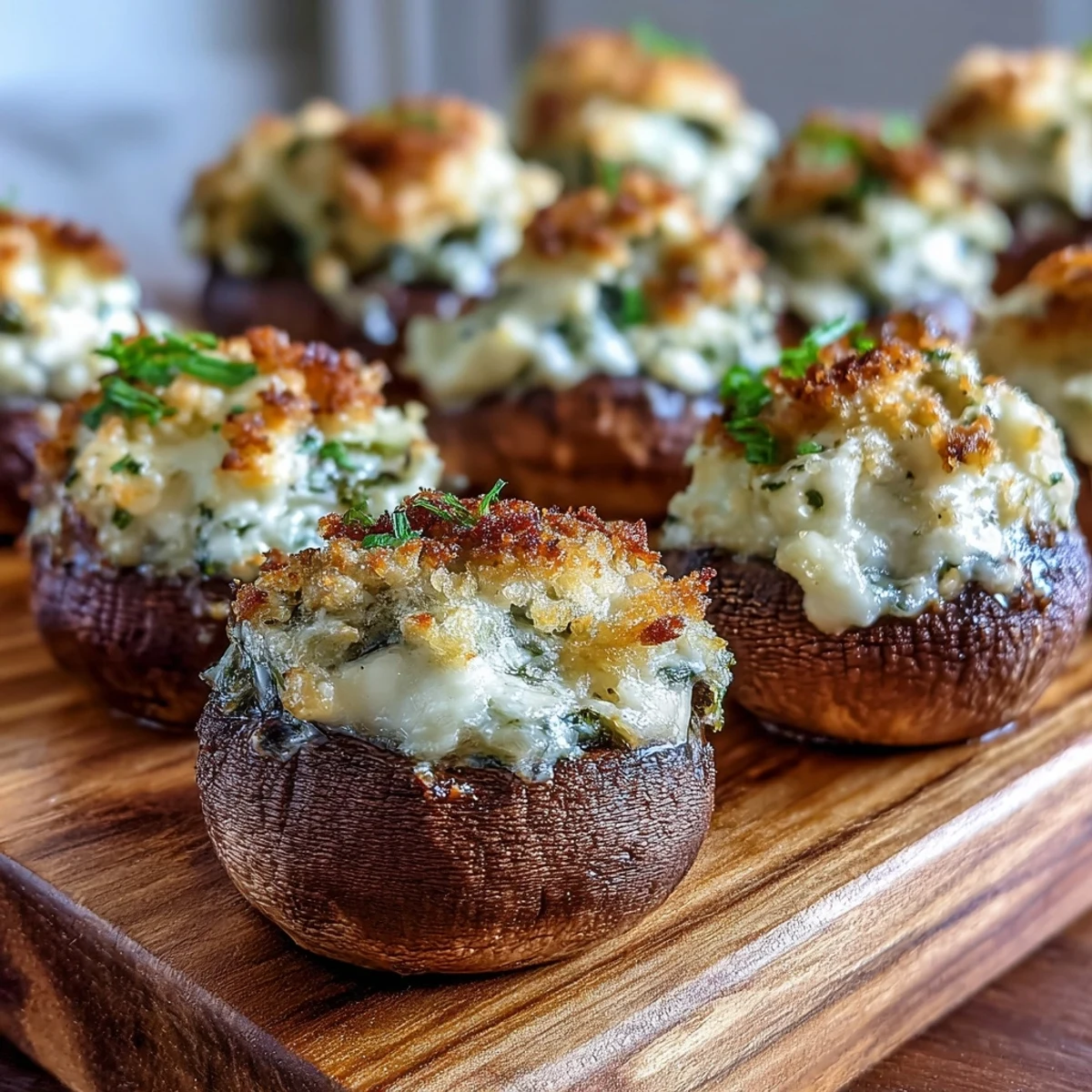Savory Stuffed Asiago-Basil Mushrooms garnished with parsley, ready to serve at a party.