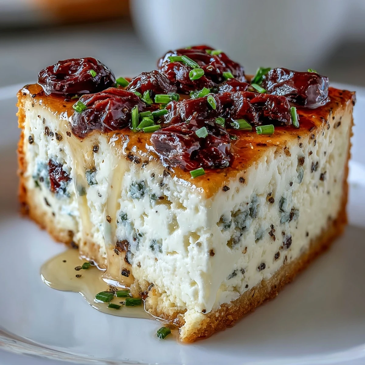 A slice of Kalamata Cheesecake Appetizer rests on a white plate, garnished with fresh parsley and a light olive oil drizzle. This savory Greek appetizer is perfect for parties.