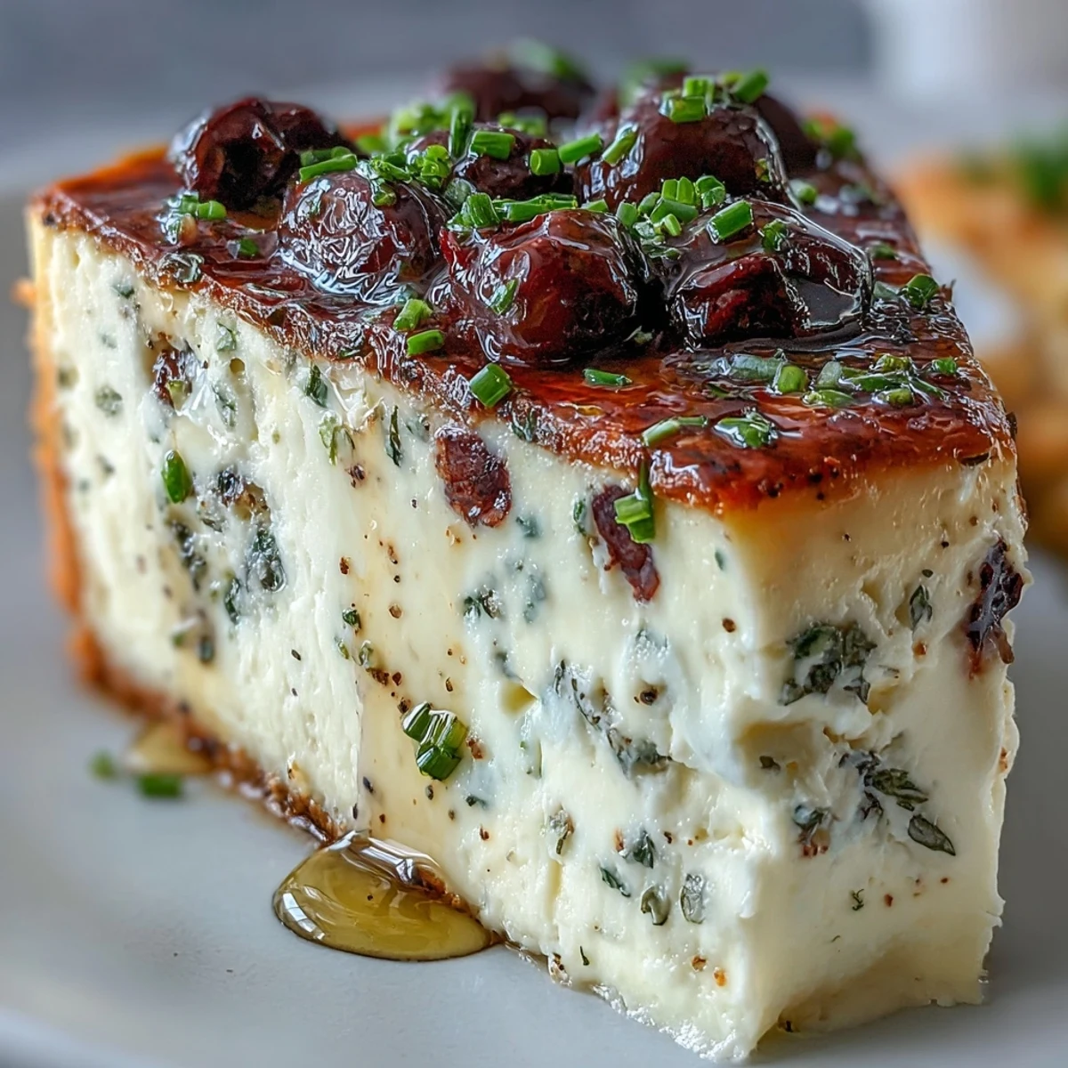 Golden-brown Kalamata Cheesecake Appetizer baked in a springform pan, topped with chopped Kalamata olives and fresh herbs for a delicious Mediterranean flavor.