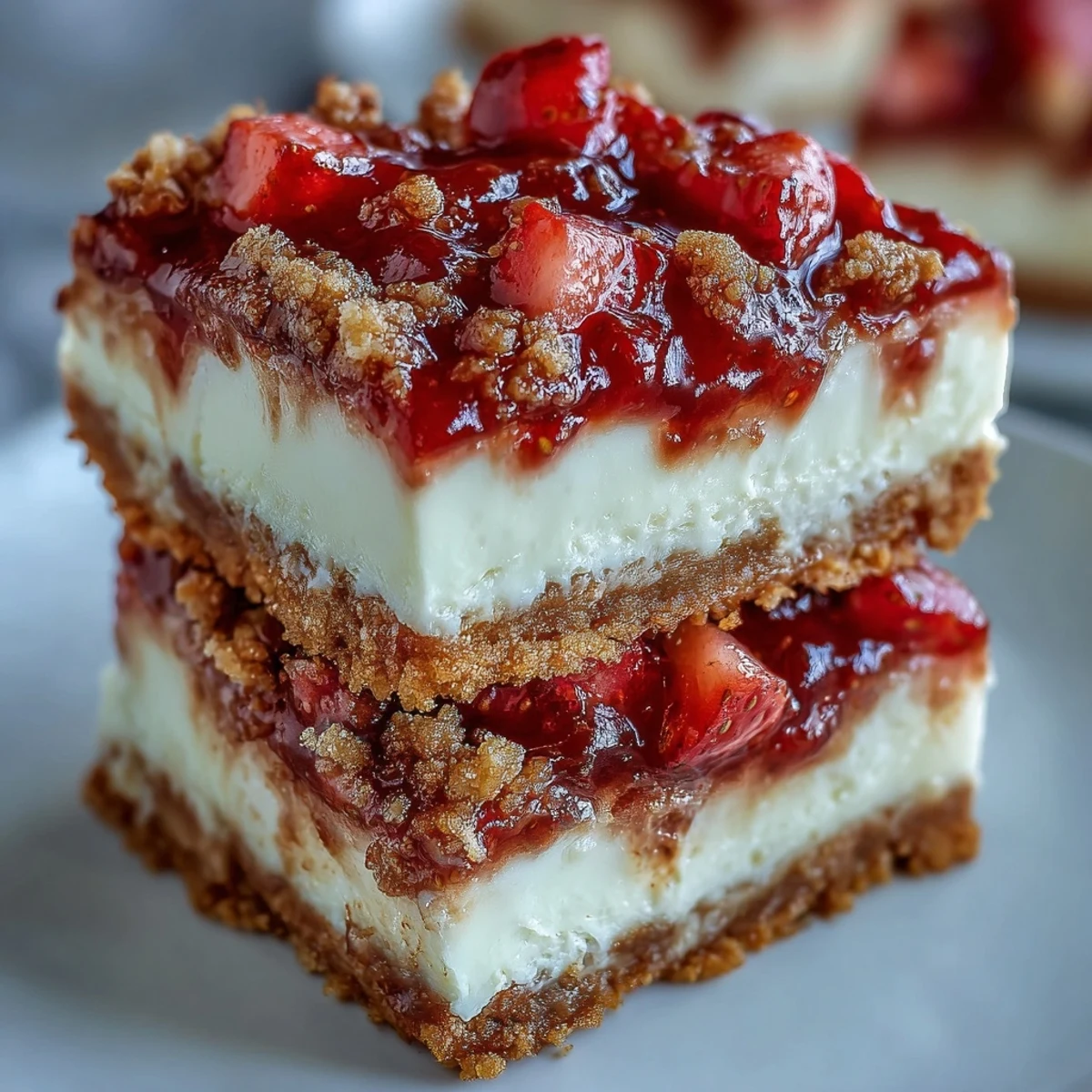 Freshly baked Strawberry Cheesecake Bars with a golden cinnamon streusel topping and a creamy, smooth filling.