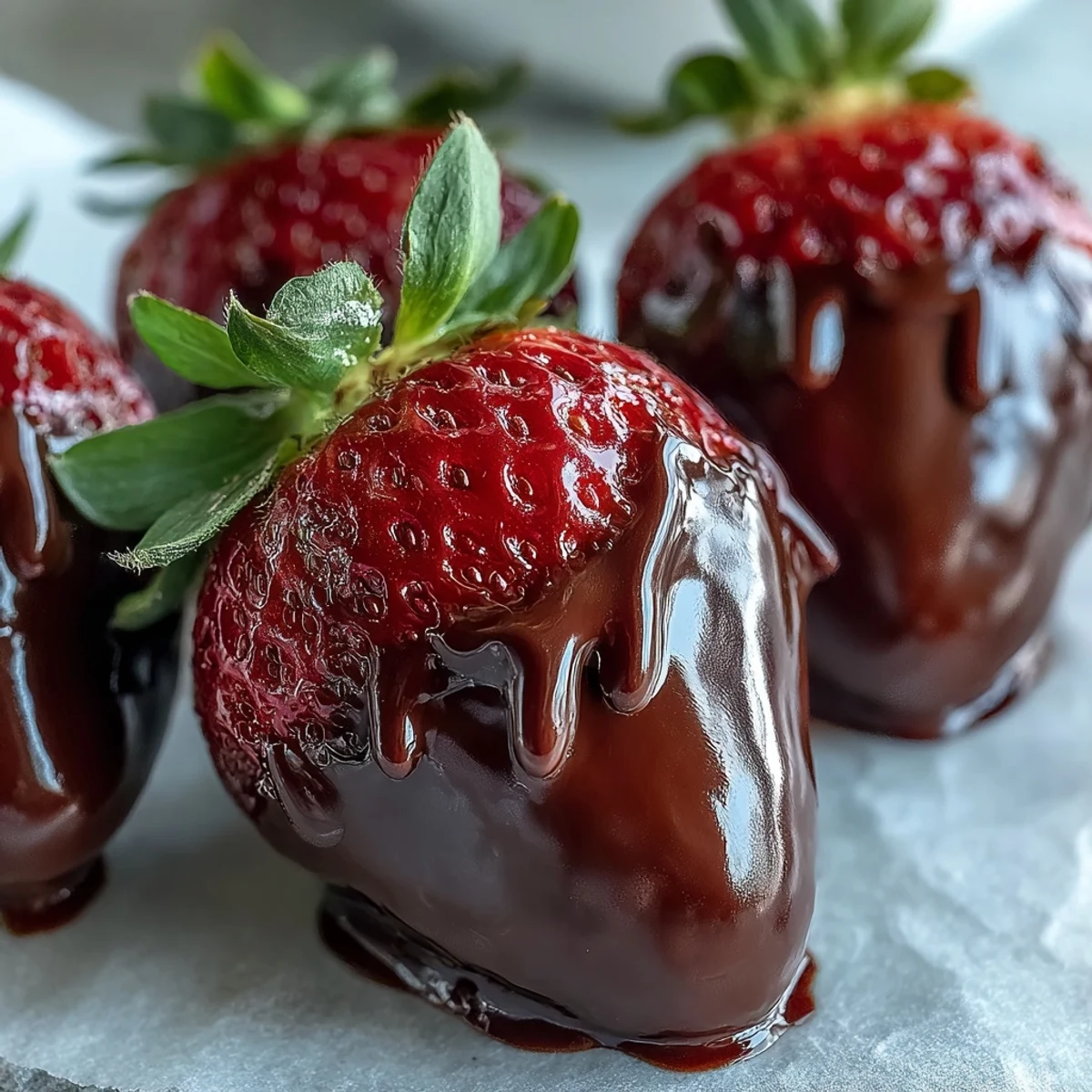 A close-up of juicy Chocolate-Covered Strawberries, showing rich dark chocolate shells and sparkling sugar garnish.