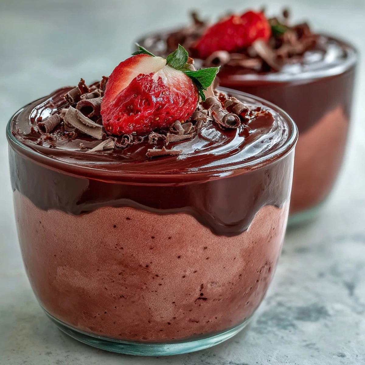 A glass of layered chocolate-covered strawberry mousse topped with fresh berries and shaved chocolate.