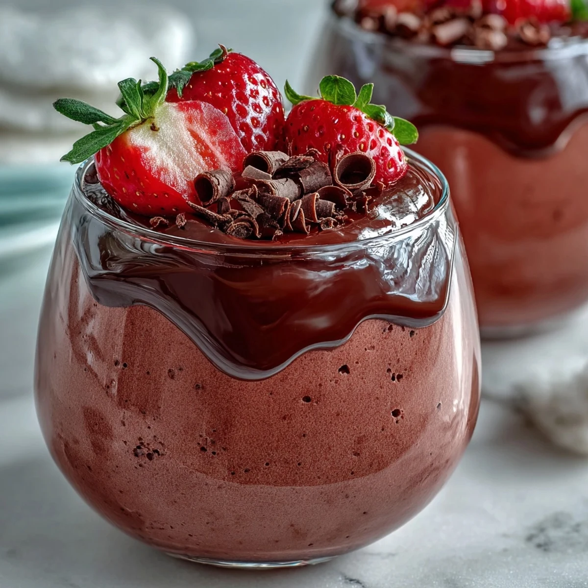 Smooth strawberry mousse with glossy ganache and mint garnish, served in clear dessert glasses.