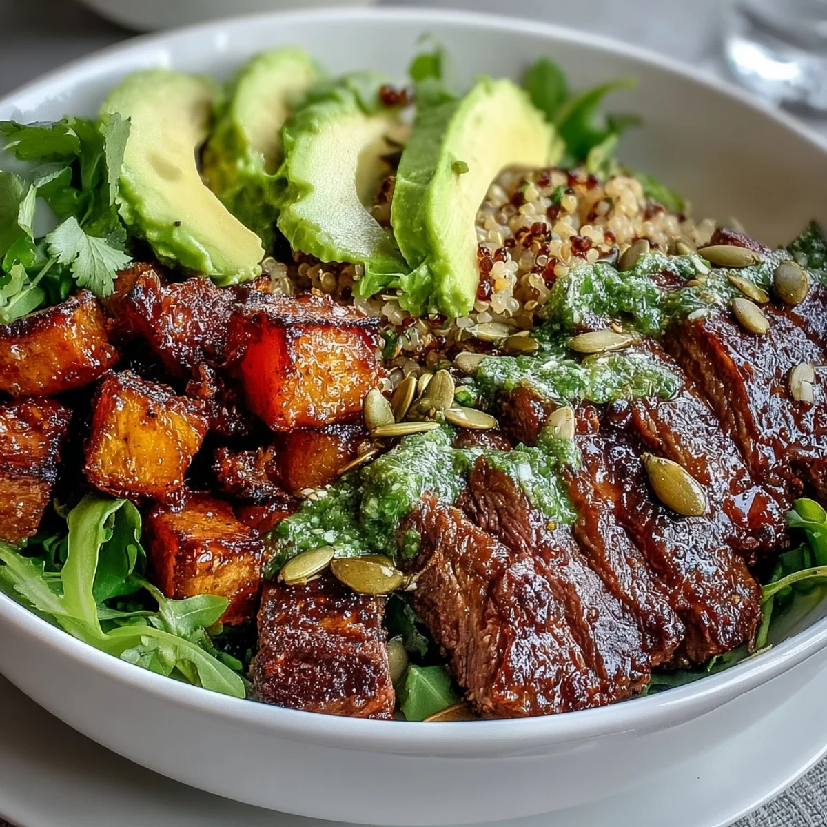 Roasted butternut squash steak bowls feature smoky sliced steak and creamy avocado on fluffy quinoa, drizzled with a zesty lime-cilantro dressing.