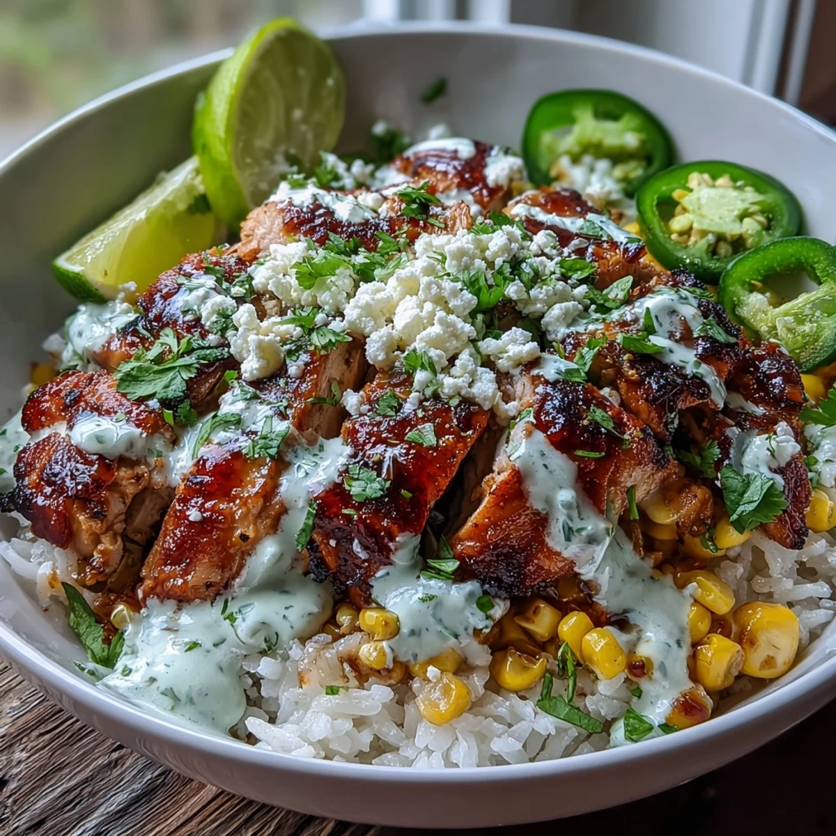Overhead view of a vibrant Street Corn Chicken and Rice Bowl featuring golden rice, juicy chicken, charred corn, and crumbled cotija cheese.