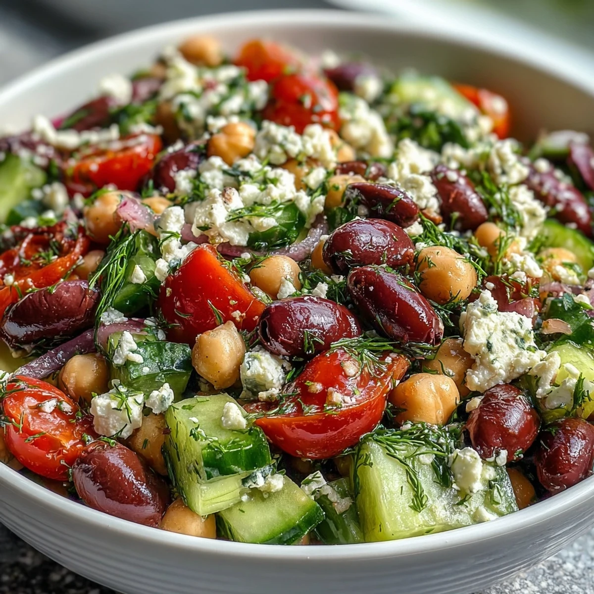 Fork-ready Greek Bean Salad topped with briny Kalamata olives, crisp cucumber, and crumbled feta, ideal for a healthy Mediterranean lunch.