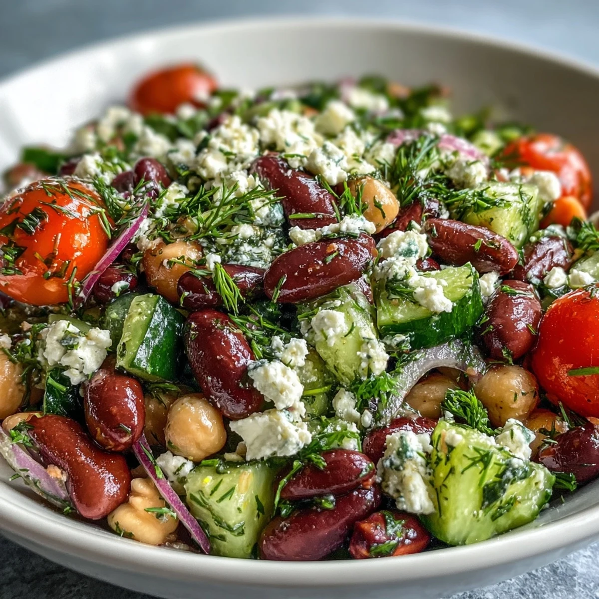 Bright bowl of Greek Bean Salad featuring colorful beans, juicy tomatoes, and herbs, served as a vegetarian, gluten-free side.