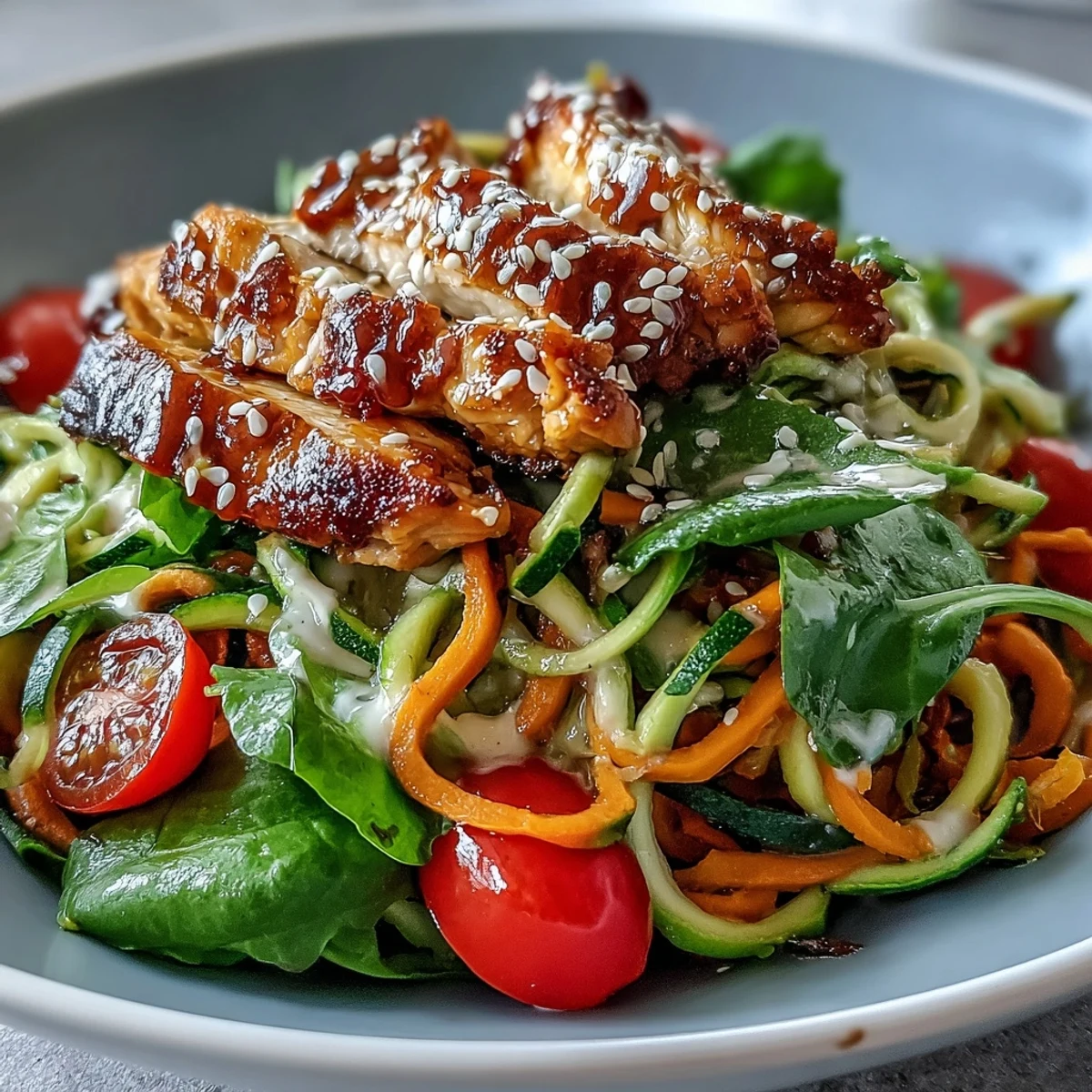 Fresh spiralized vegetable bowl with zucchini noodles, sweet potato, and grilled chicken, topped with a creamy tahini sauce and sesame seeds.