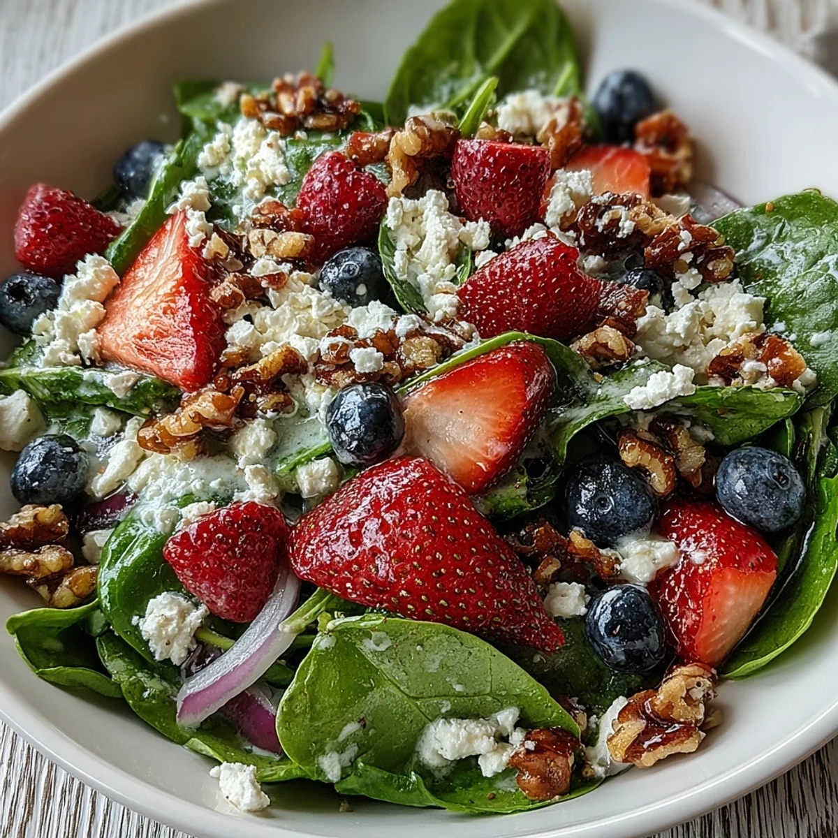 Healthy spinach and berry salad bowl featuring goat cheese, walnuts, and fresh strawberries for an easy side.