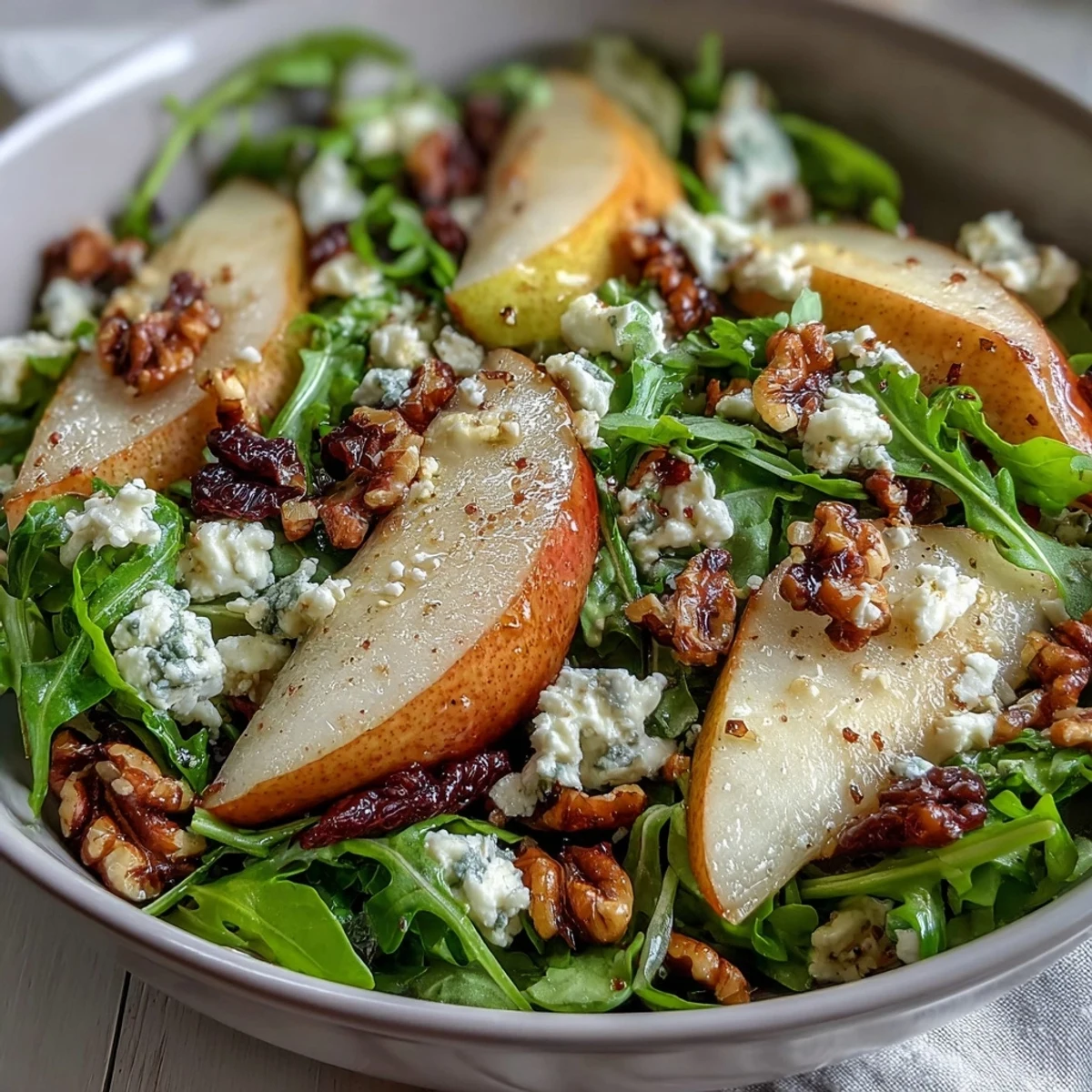 Fresh arugula and sliced pears topped with creamy blue cheese and toasted walnuts, drizzled with balsamic dressing in a white bowl.