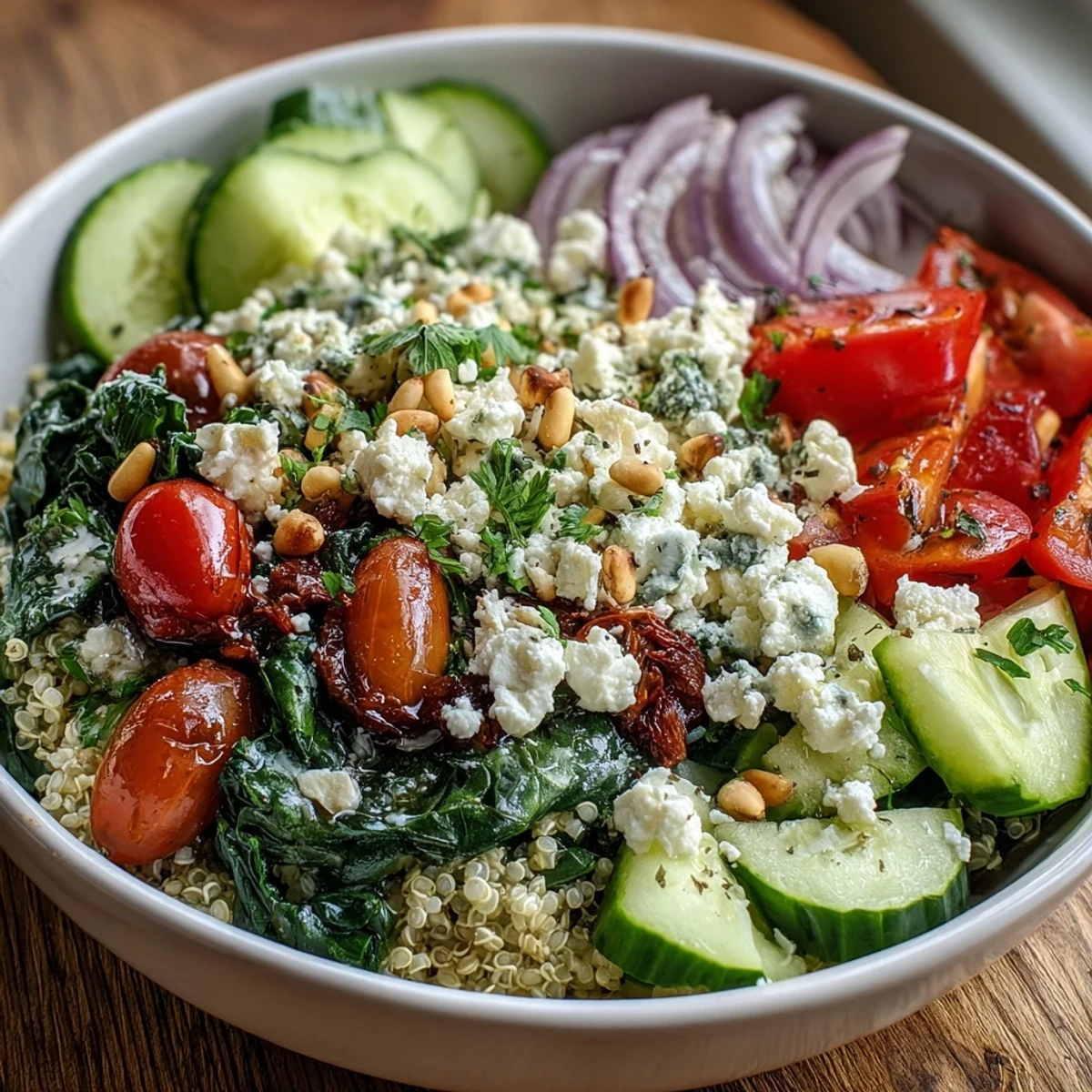 Freshly prepared Spinach and Feta Grain Bowl drizzled with lemon dressing, garnished with parsley and vibrant diced bell peppers.