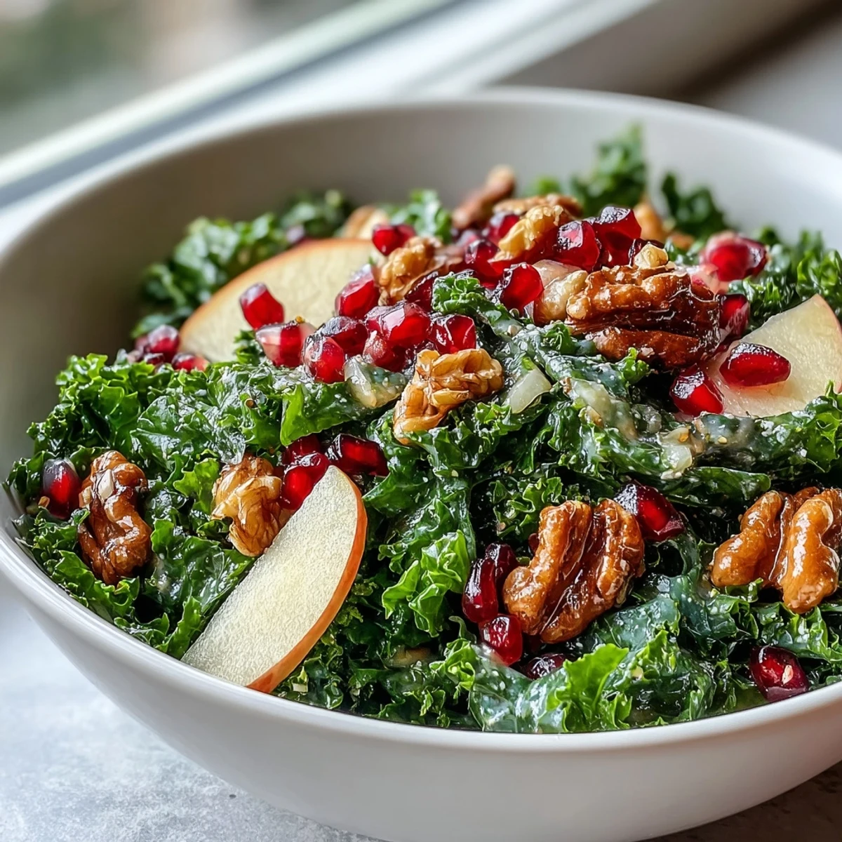 Bright kale and pomegranate bowl topped with crisp apple slices and crunchy walnuts, tossed in a tangy apple cider vinaigrette for a fresh, nutrient-dense meal.