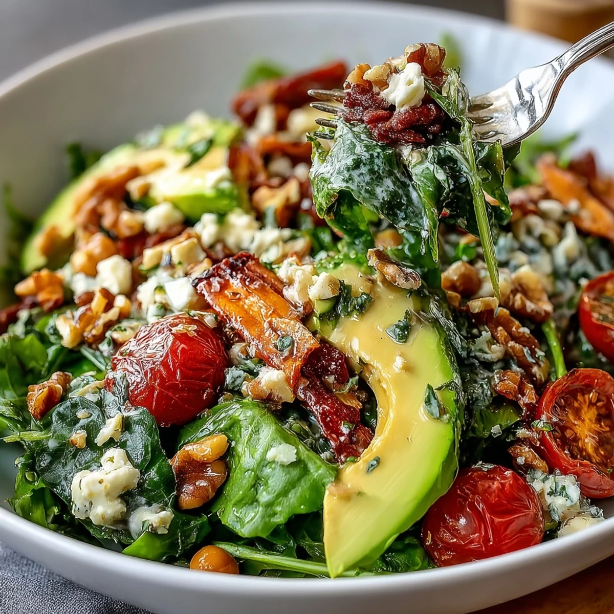 Vibrant Mixed Greens Power Bowl topped with creamy avocado slices, crunchy toasted walnuts, and colorful cherry tomatoes on a rustic wooden table.