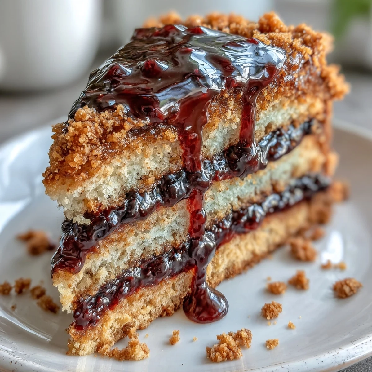 Freshly baked PB and J Cake With Black Currant Sauce with a moist crumb and glossy purple drizzle, ready to slice.