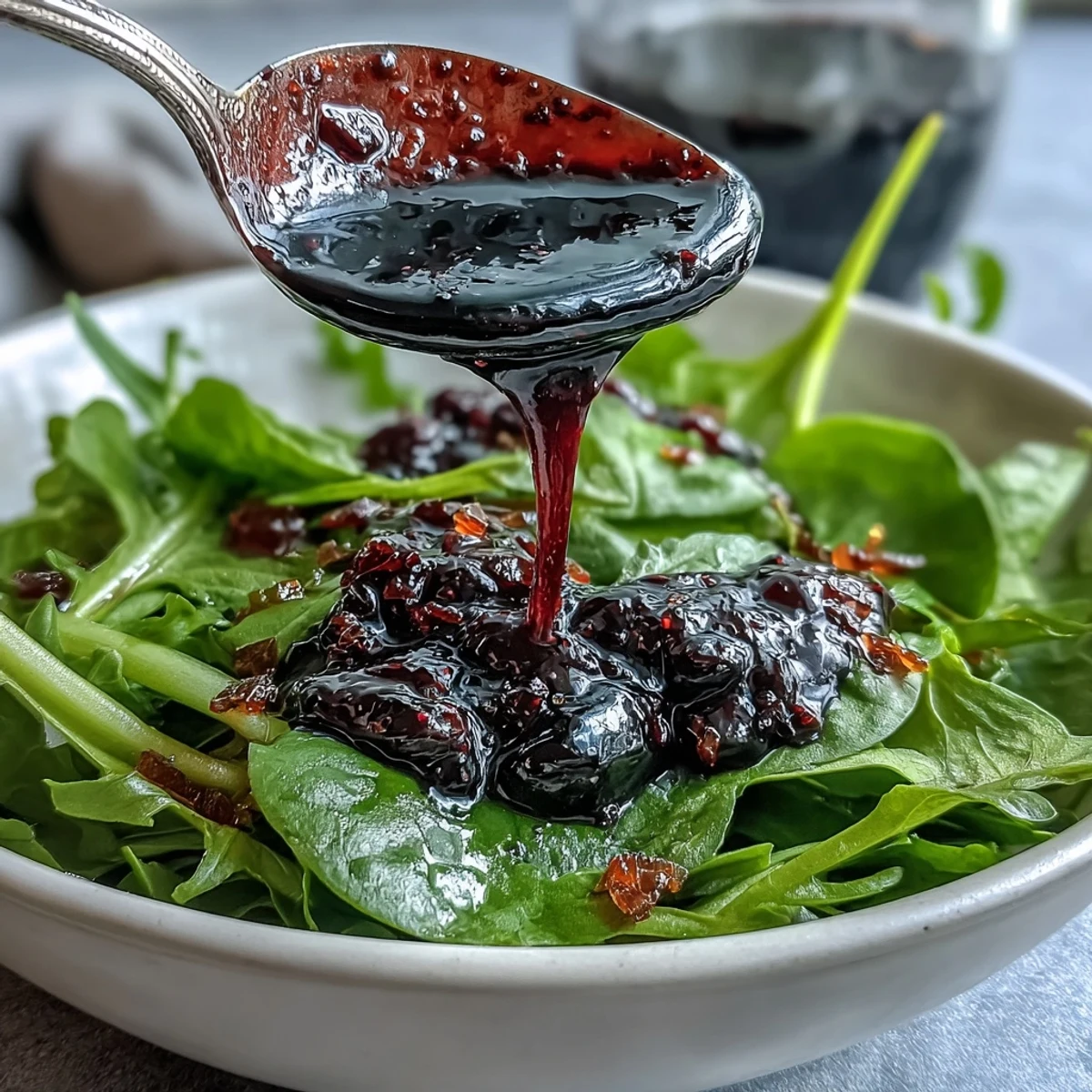 Glistening black currant vinaigrette is poured from a glass jar onto a fresh spinach salad.