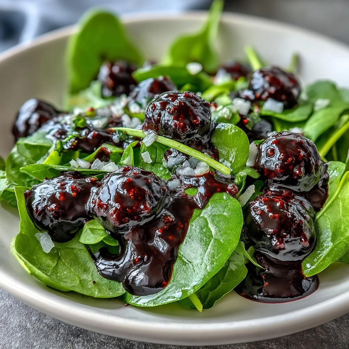 Dark purple dressing coats roasted beets in a rustic white bowl for serving.