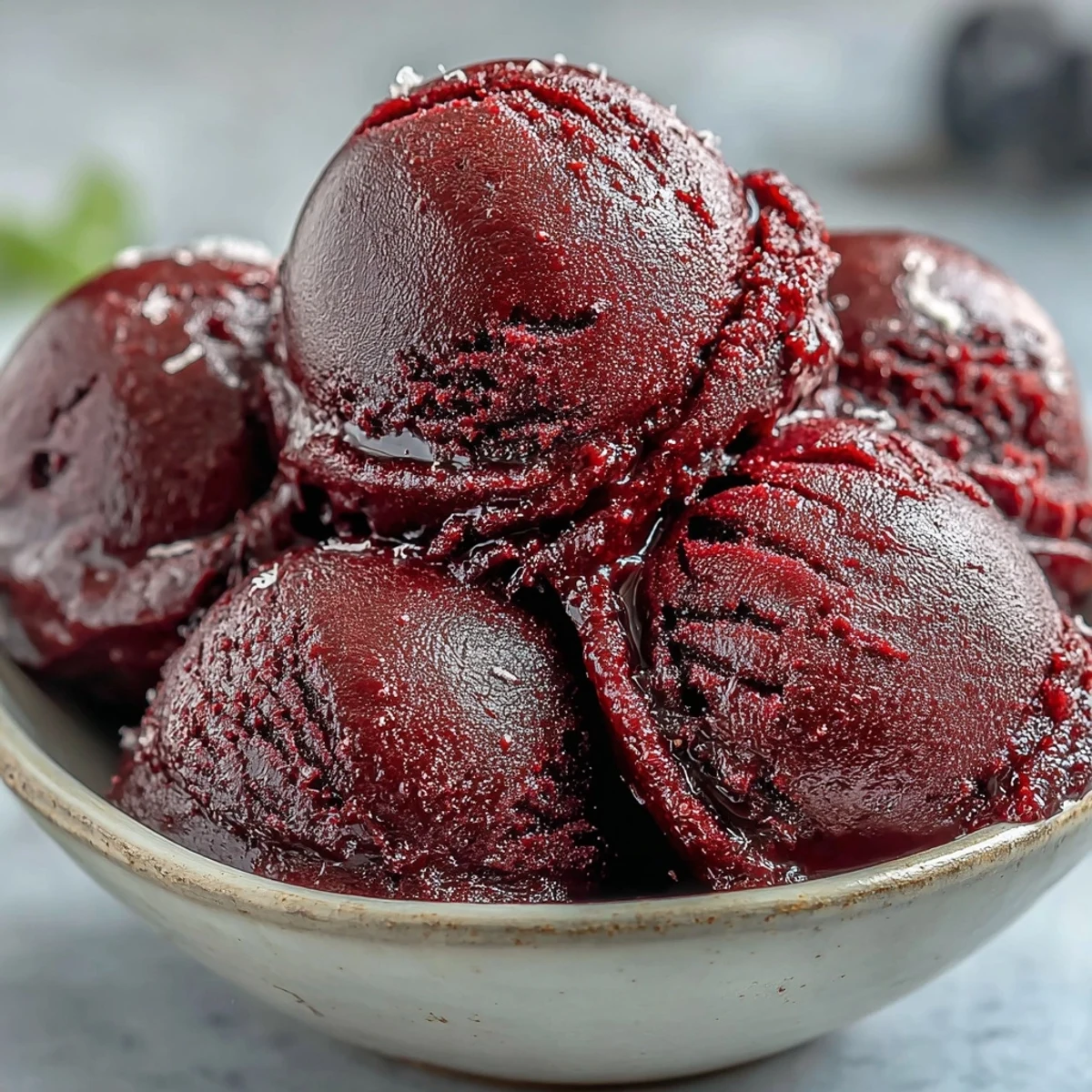 A close-up scoop of homemade Black Currant Sorbet shows a vivid purple hue and a smooth, slushy texture, served in a chilled glass bowl on a rustic wooden table.