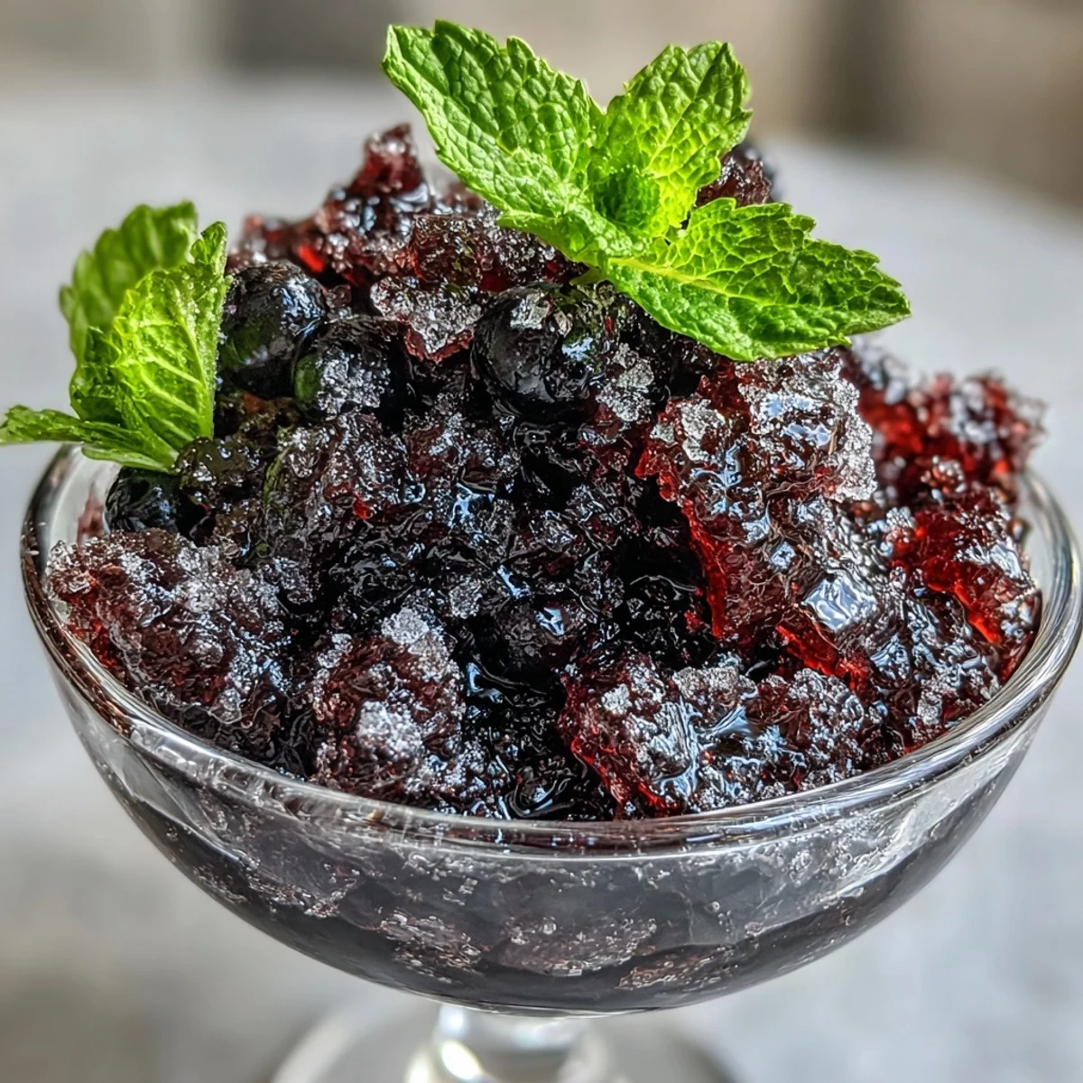 A close-up view shows the granita's bright red ice crystals glistening in a chilled glass, with a sprig of mint on top.