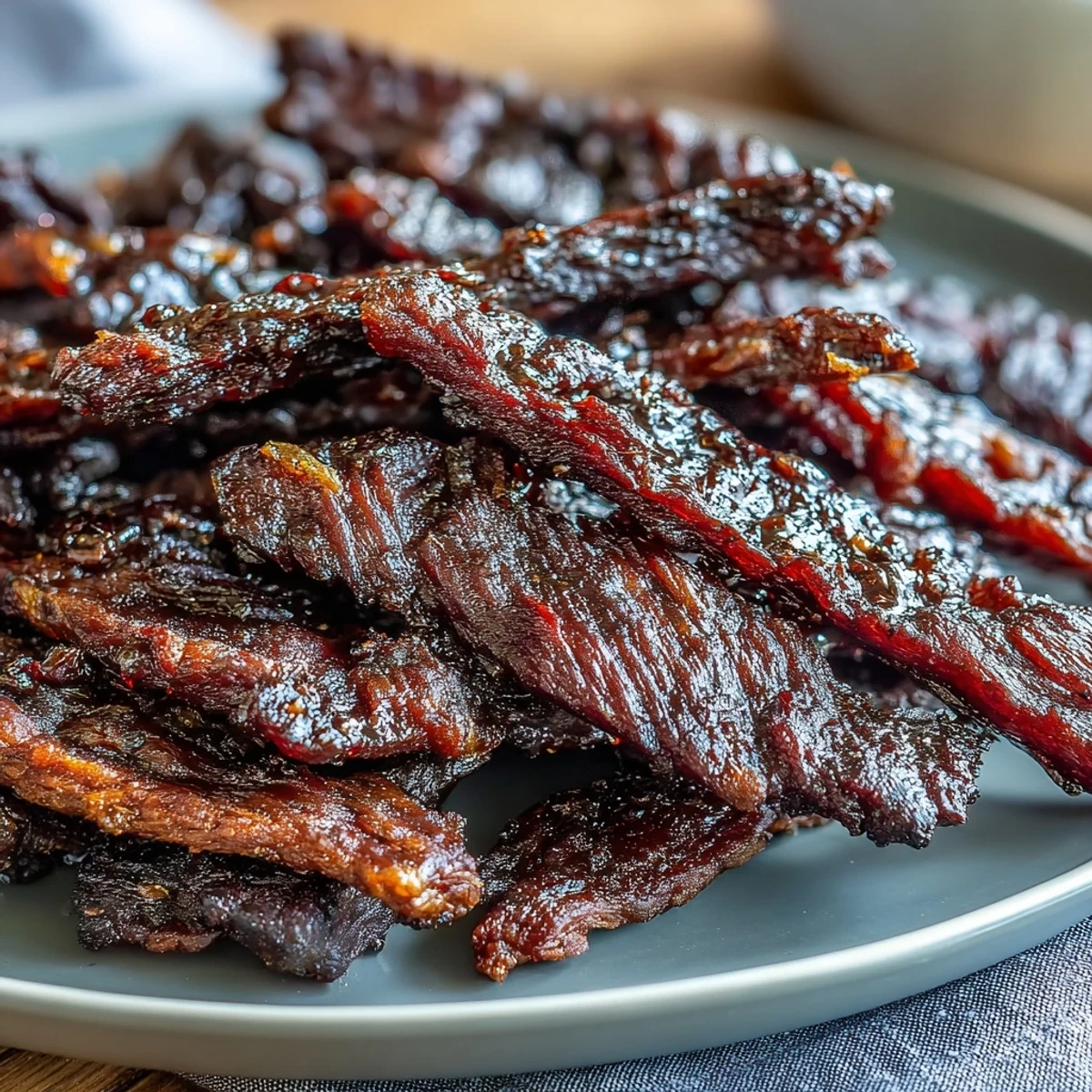 Thin slices of Black Currant Smoky Jerky highlight a deep mahogany glaze and cherry wood grill marks.
